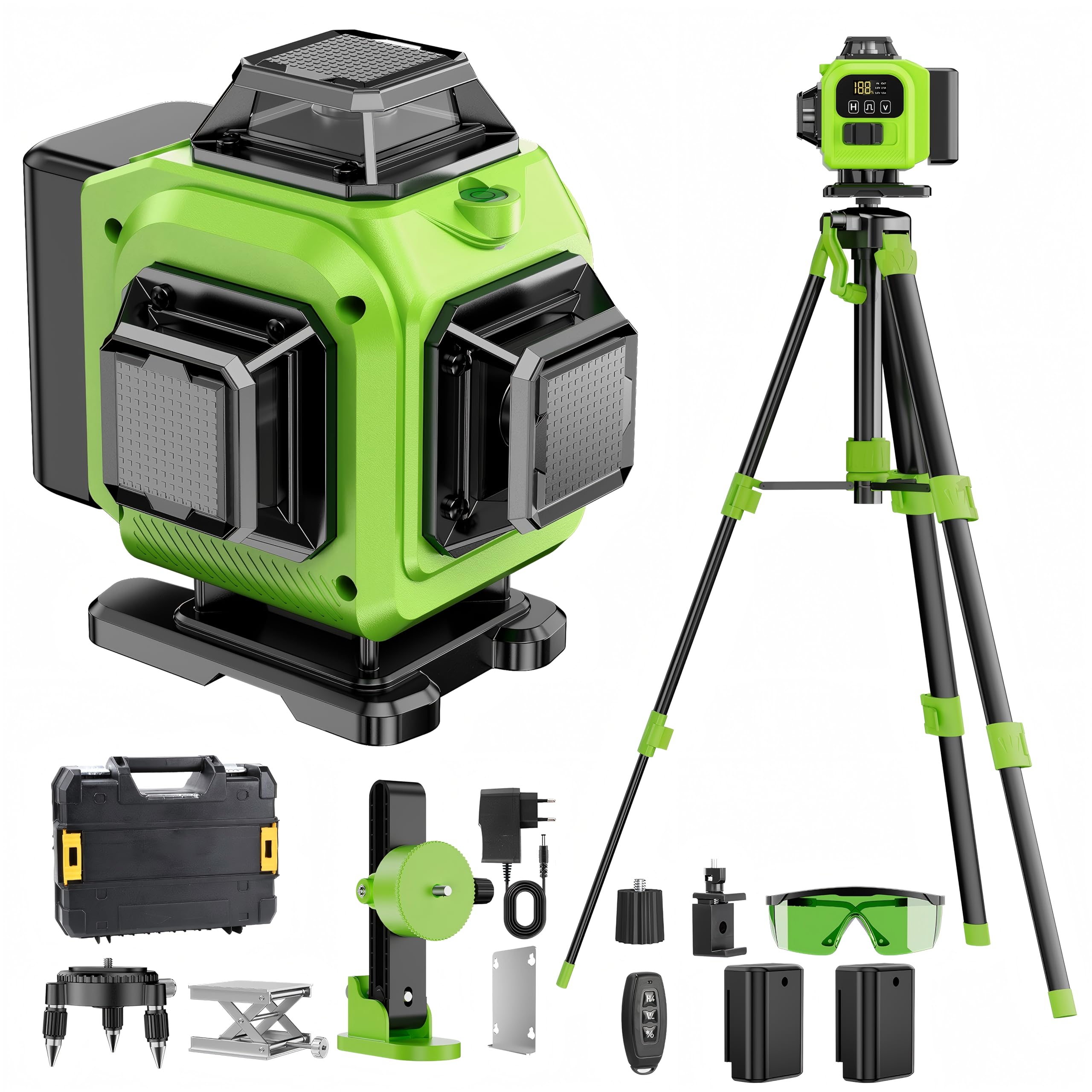 Livella Laser Autolivellante 16 Linee con Treppiede, 4 X 360 °Livello Laser Autolivellante Verde, 2 x Batterie, Autolivellante, Supporto rotante, Telecomando