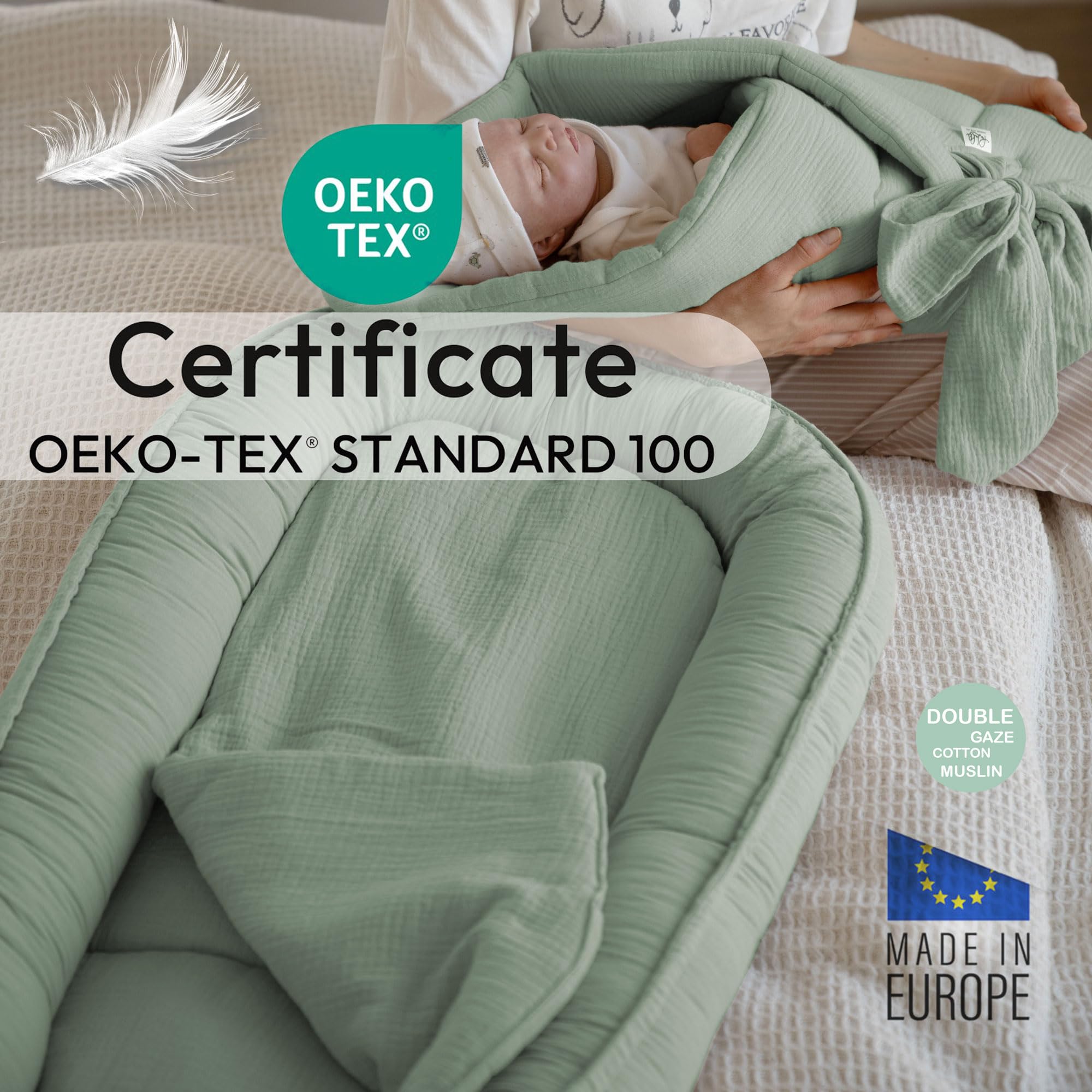 PALULLI® Gniazdko dziecięce 100 x 60 cm – miękkie muślinowe gniazdo z materacem, gniazdo do spania, kokon, łóżeczko turystyczne dla noworodków, 100% bawełna (szałwia zielona)