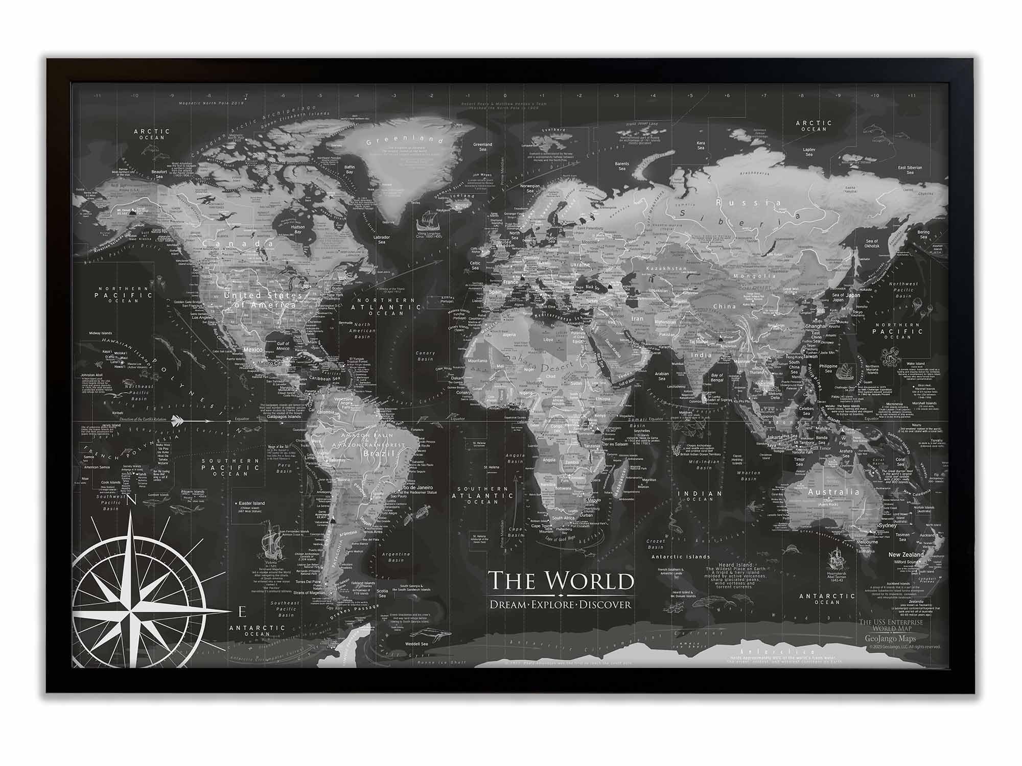 GEOJANGO Custom Push Pin World Travel Map with Pins - Large Wall Art Stretched Canvas, or Framed Map - Black &White Edition World Maps for Wall - Handmade Custom Map Pinboard Home Decor
