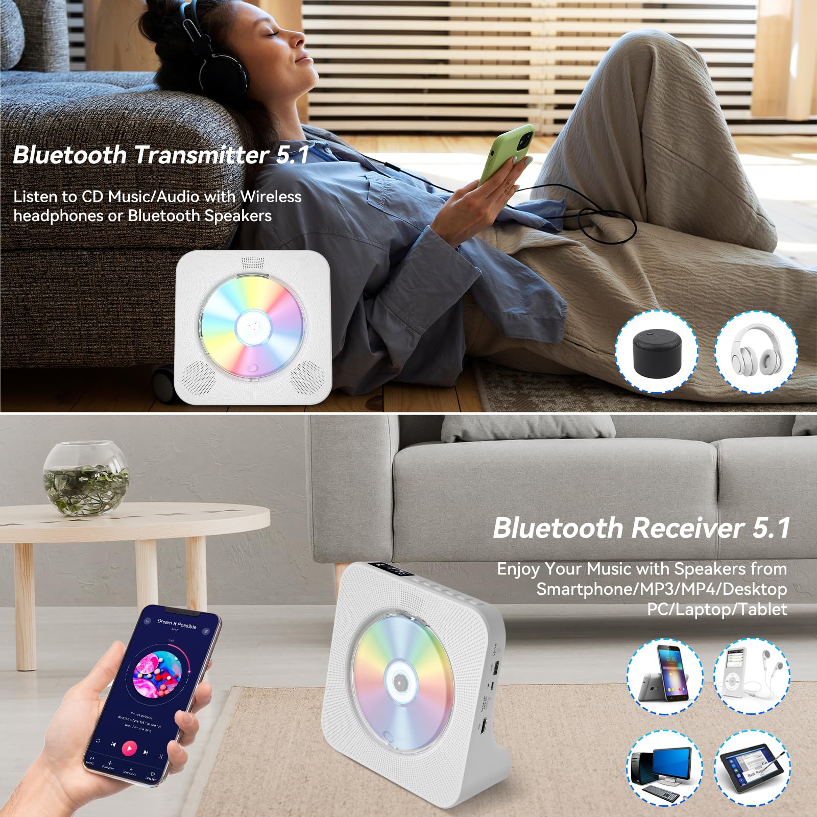 Qoosea Lettore DVD CD per TV con Bluetooth HDMI e Lettore DVD CD Desktop senza limiti di Regione con Altoparlanti Display Sveglia Radio FM Riproduzione USB Card Telecomando e Cavo HDMI(bianco)