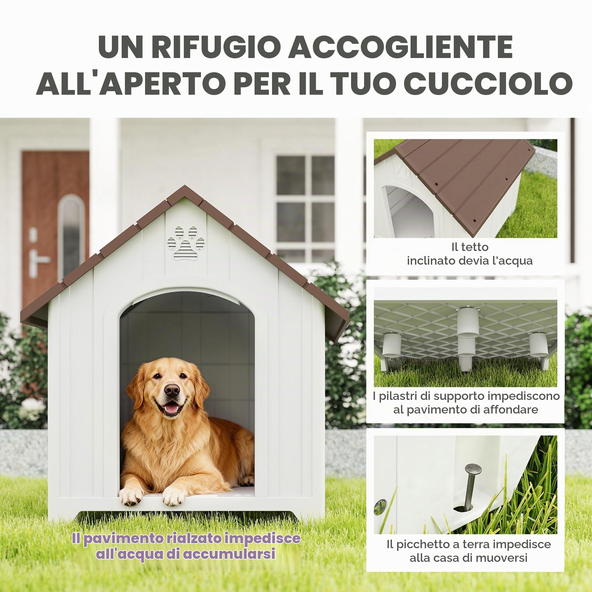 PawHut Casa impermeabile per cani esterno, pav. rialzato, grigio chiaro