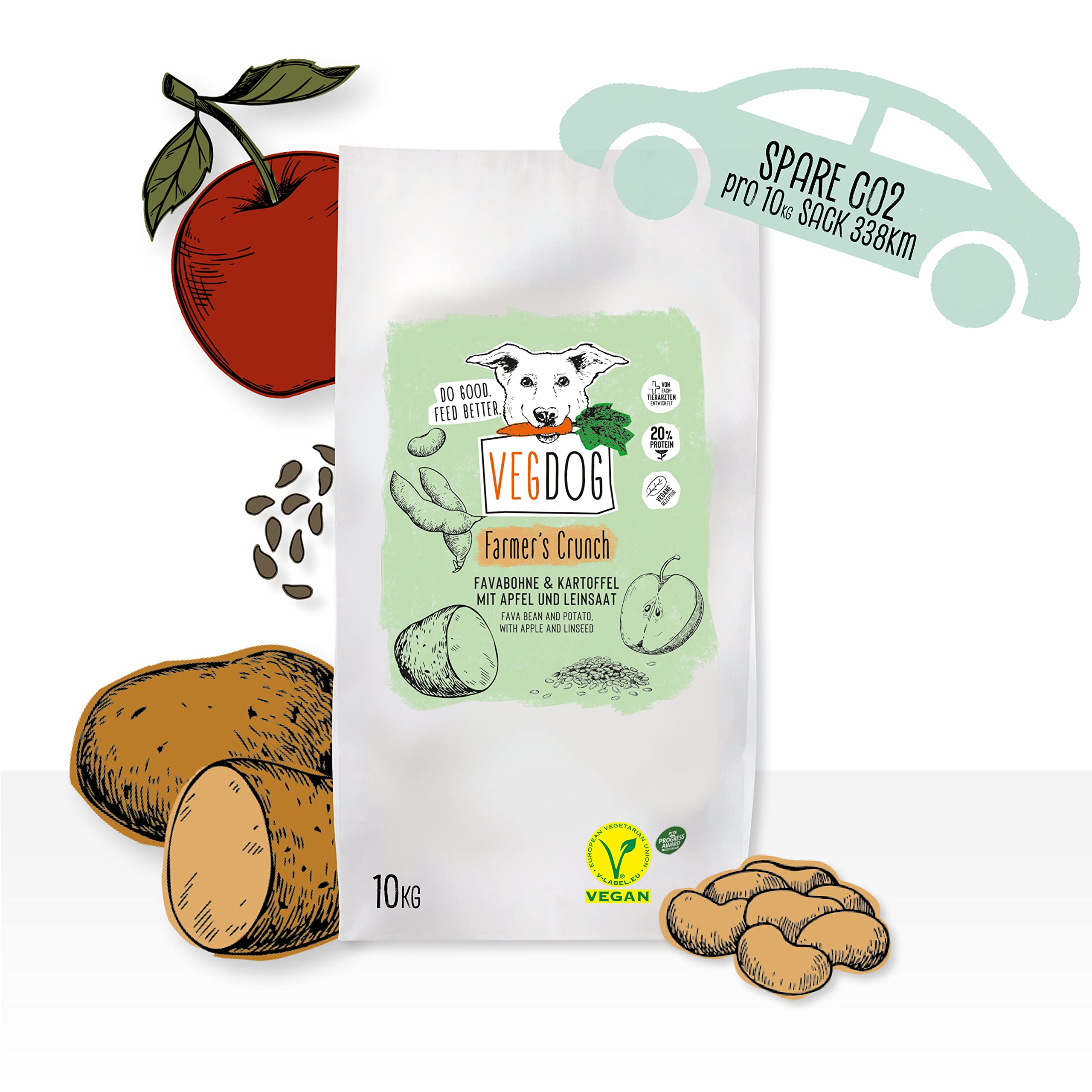 VEGDOG Farmer's Crunch Crocchette Ipoallergeniche (10 kg) | Cani Adulti | Senza Glutine e Soia, Povero di Purine | Alimento Completo per Allergici con Proteine di Patata