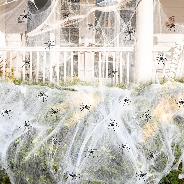 200g Halloween Decorations Outdoor Spider Web Set Indoor, Spooky Stretchable Cobwebs with 30pcs Plastic Fake Spiders Halloween Decor,Hocus Pocus Halloween Props For Door Yard Home Garden Party