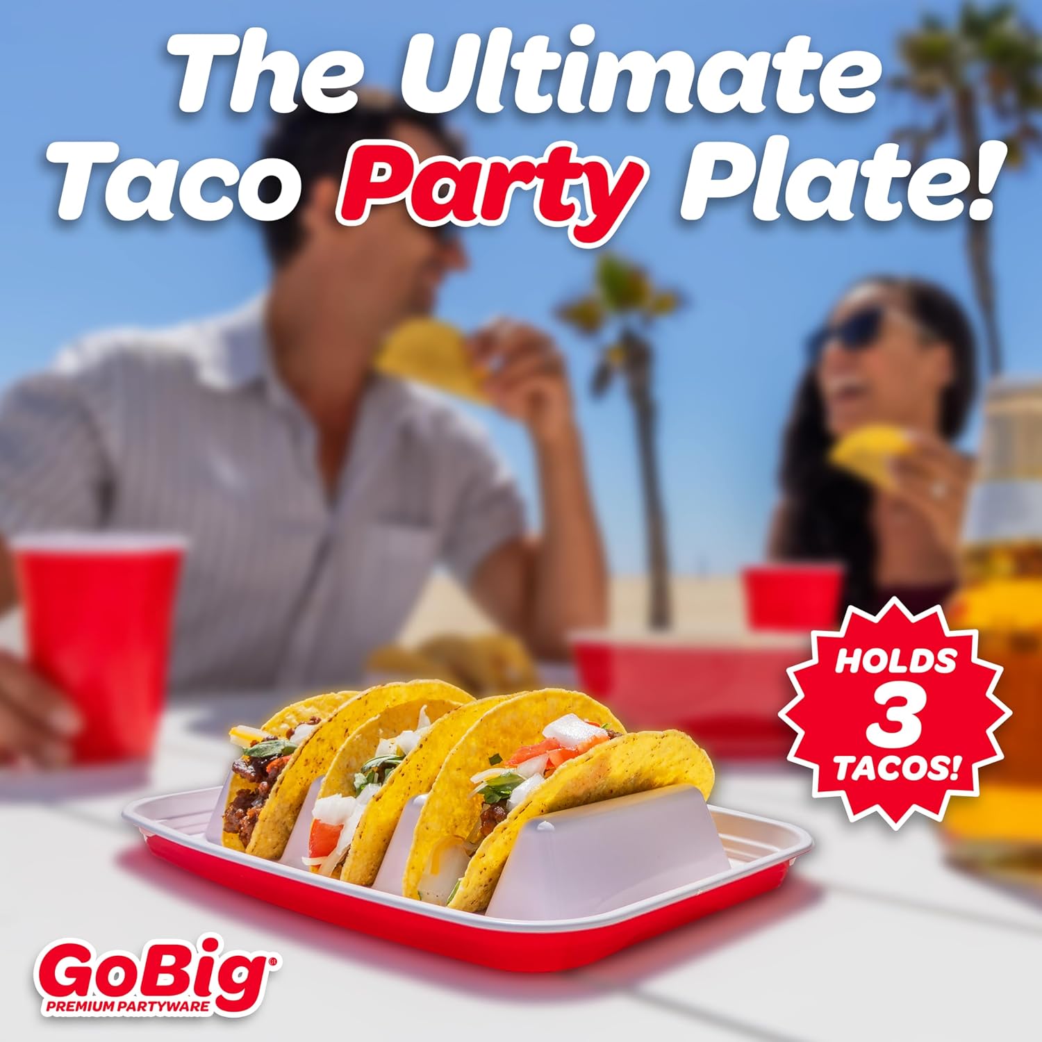 GoBig Taco Plates with Dividers – 36 Pack Disposable Red Party Cup Taco Plato Tray Holders for Party