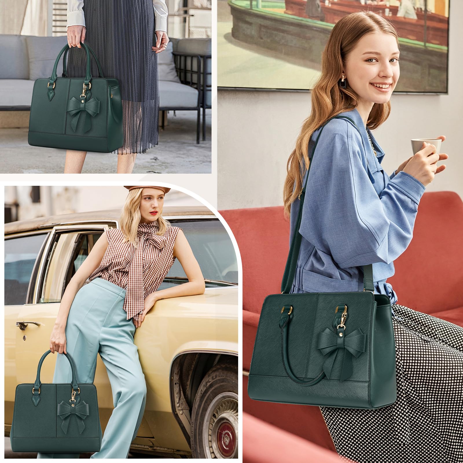 RAINSMORE Sac a Main Femme Cuir PU Cabas Femme Grand Sacs à Main Portés Épaule Tendance Sac à main Pour les Cours Lycee Fourre Tout Bandoulière Travail 13 Pouces Vert Foncé