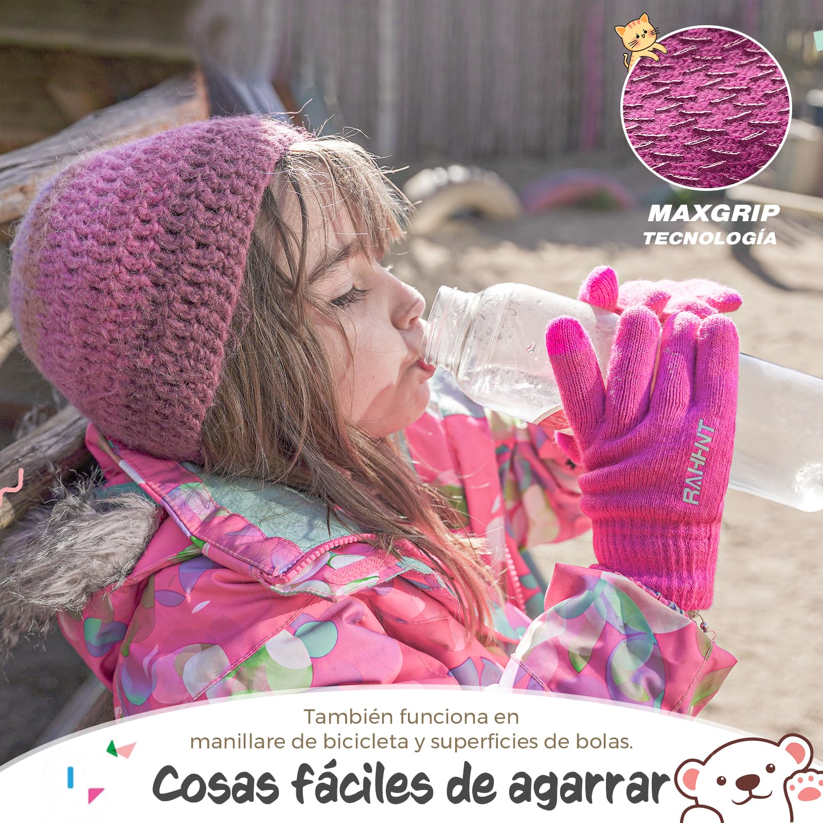 Rahhint Guantes Lana Invierno Termicos para Niños y Niñas 4-15 Años con Punto Pequeños Forro Polar Aislado