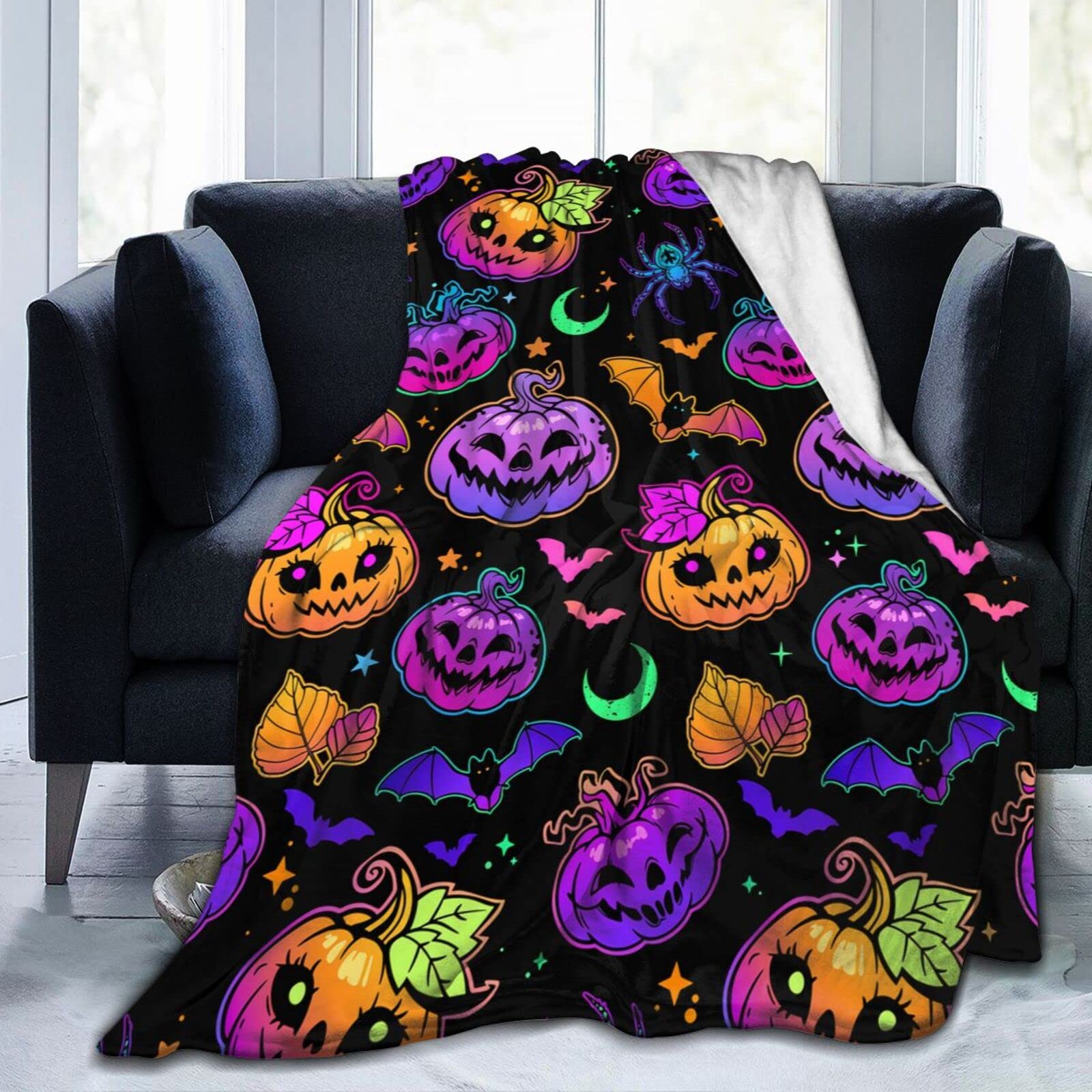 Lsjuee Bright Halloween Pumpkins Bats Throw Blanket Warm Cozy Blankets Lightweight Soft Cozy Flannel Funny Halloween Blanket for Sofa Couch Bed Home Decoration 80"X60"