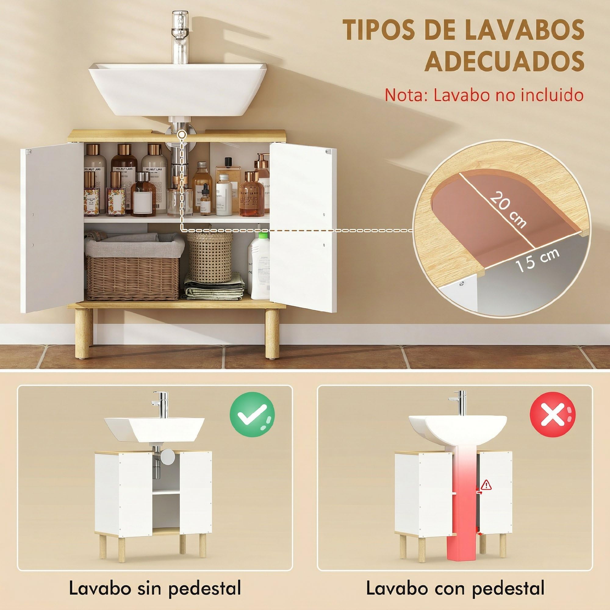 HOMCOM Mueble Bajo Lavabo de Baño con Estante Ajustable 60x30x61 cm Blanco | Mueble de Baño, Puertas Acanaladas, Patas de Madera, para Lavabo sin Pedestal