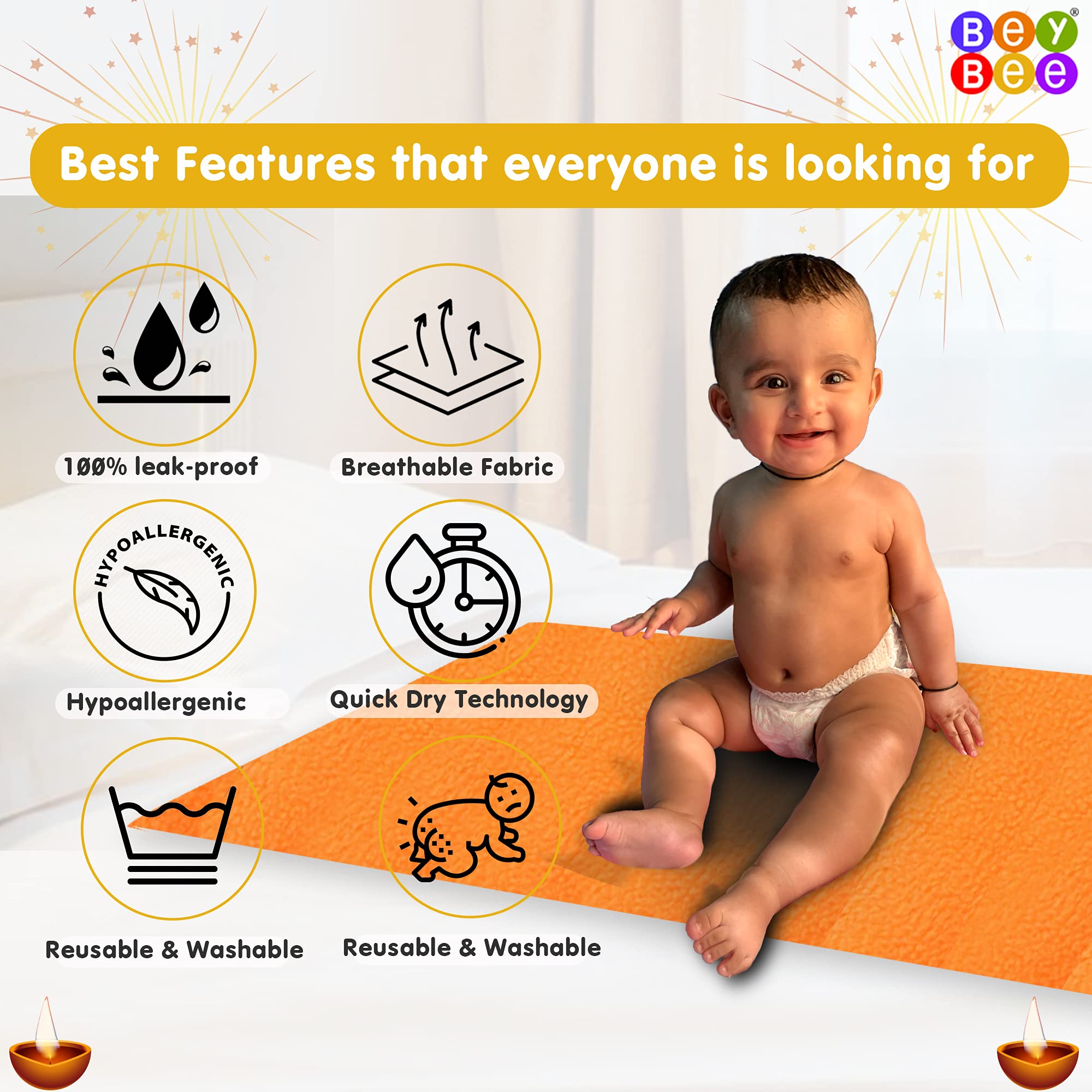 BeyBee Waterproof Quick Dry Sheet for Baby| Bed Pad Anti-Piling Fleece Extra Absorbent Washable Matress Protector| Baby Bed Protector Sheet for Toddler Children, Small Size, 50x70cm, Golden 2