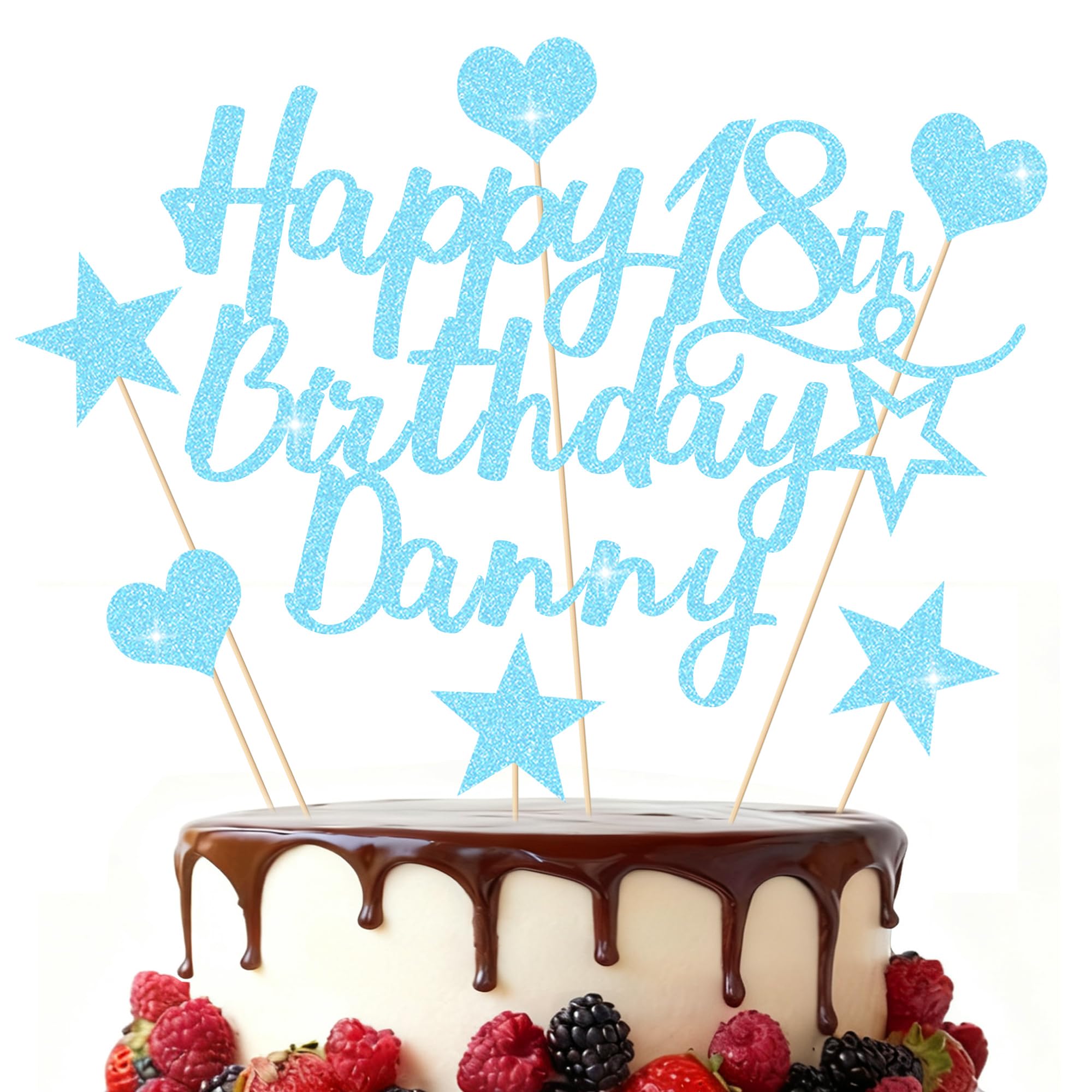 EDSG Personalised Happy Birthday Cake Topper, Custom Birthday Party Decoration, Double-Sided Glitter Cake Topper 13th 16th 18th 21st 30th 40th 50th 60th 80th (Baby Blue)