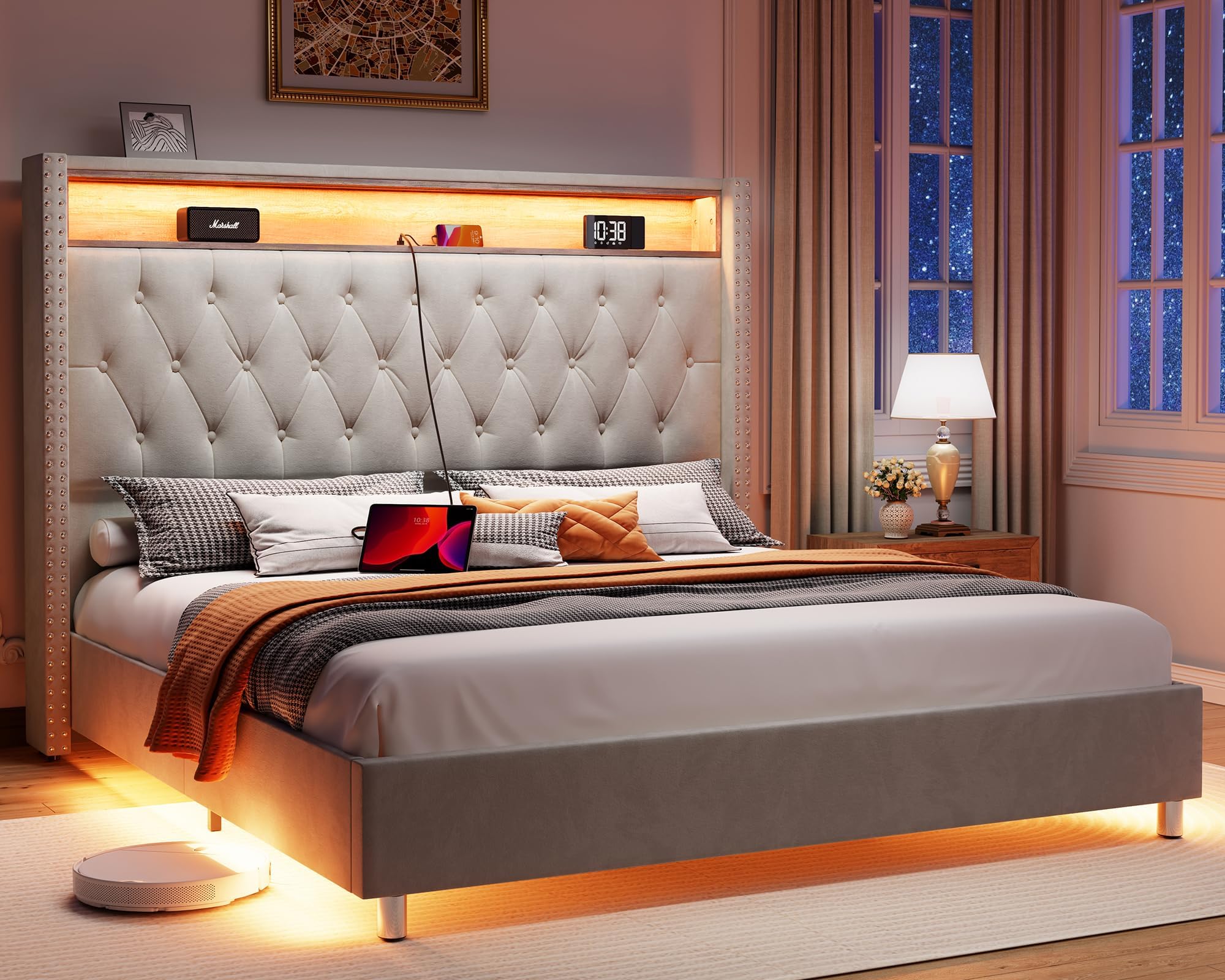 Jocisland Queen Size Bed Frame 53.6'' Tall Headboard LED Lights Charging Station, Velvet Hign Upholstered Platform Bed Wingback Storage, No Box Spring Needed, Motion Activated Light, Light Gray