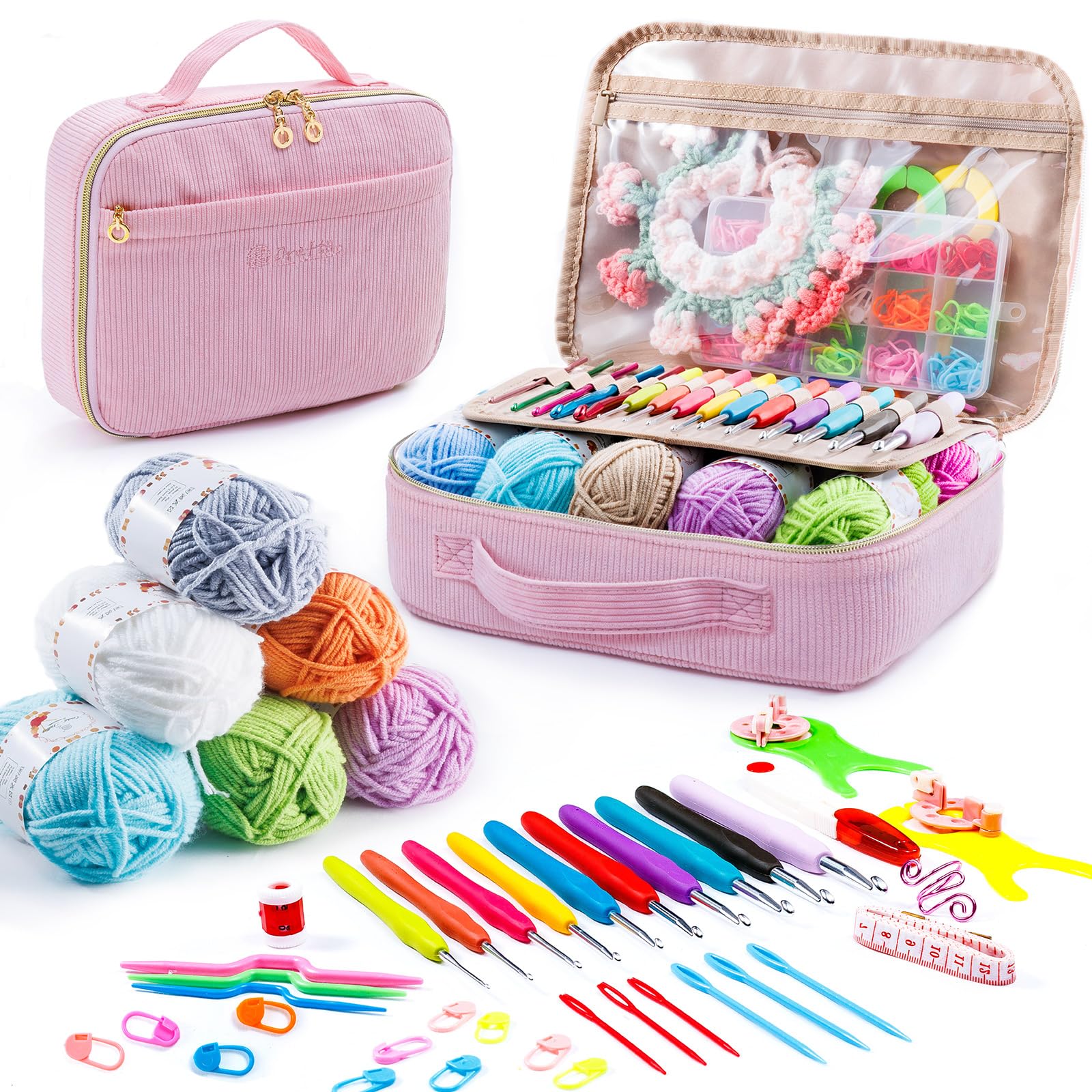MYBAGZING Häkelset für Anfänger mit Garnaufbewahrungstasche, 10 Stück Häkelnadeln 2,0–6,0 mm, 10 Knäuel Garn zum Häkeln, Strickzubehör, 58-teiliges Häkel-Starter-Set für Erwachsene