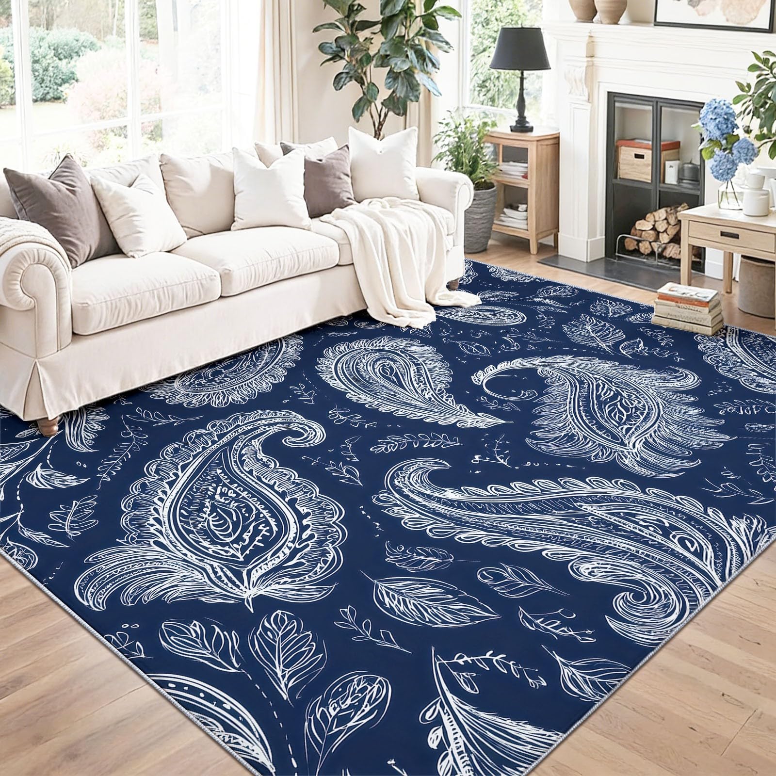 Dywan do salonu, można prać w pralce, 160 x 230 cm, dywan Paisley, antypoślizgowy, białe liście kwiatów nerkowca, niskie runo, nie gubi włosia, nadruk, do jadalni, domu, biura, sypialni
