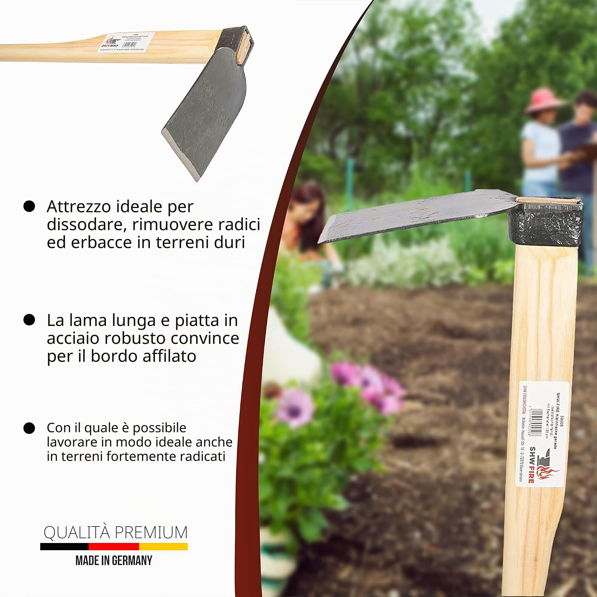 SHW-FIRE - Zappa professionale da giardino in acciaio speciale e molto resistente, manico da 135 cm, per pavimenti morbidi e duri