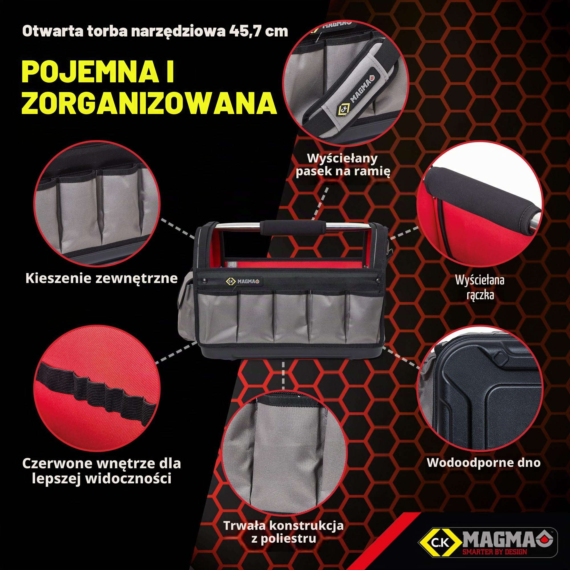 Najlepsza cena kwadratowa otwarta torba narzędziowa, 45 cm, poliester MA2636 firmy CK MAGMA