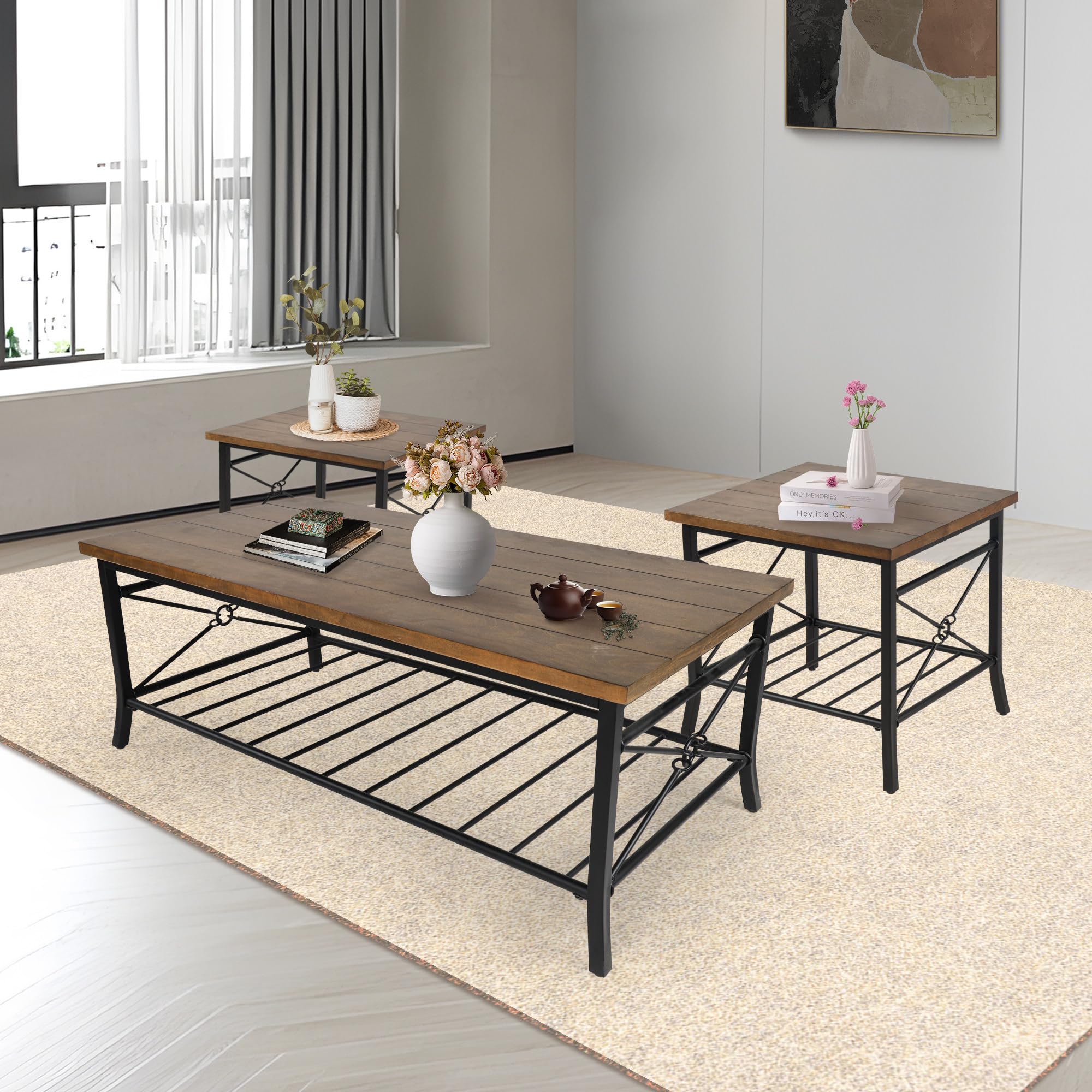 Uolfin Industrial Coffee 2 End Tables with Large Storage Metal Frame for Apartment Home Office, Wooden, Black