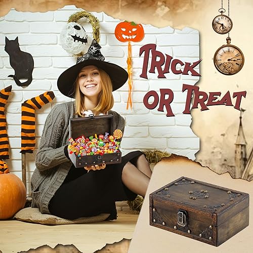 Miniatura 5 de Cofre del tesoro de madera de 7 x 5 x 3 pulgadas, caja de recuerdo vintage con tapa con bisagras para almacenamiento de joyas, monedas, baratijas,