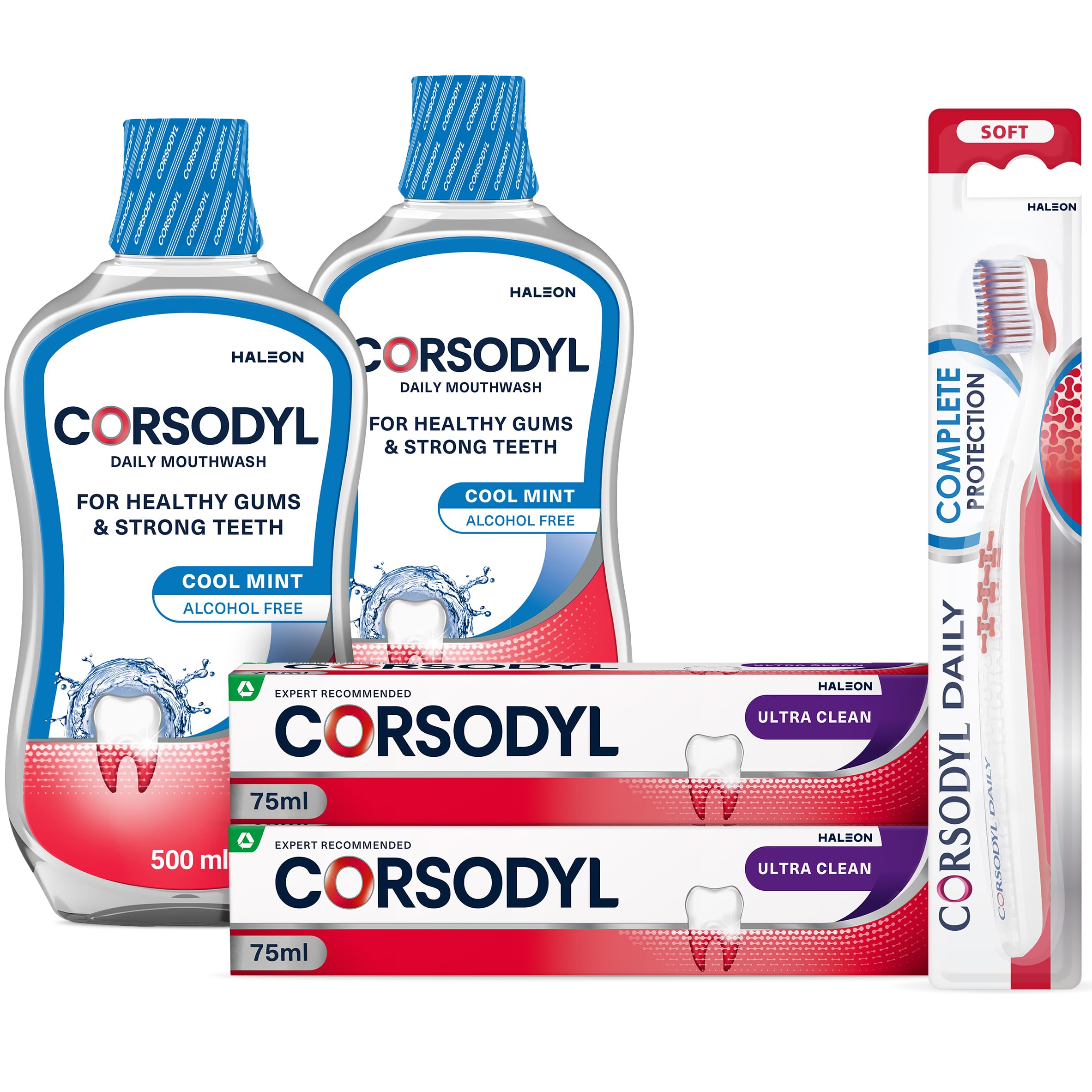 Corsodyl Gum Care Bundle for Healthy Gums: 2X Ultra Clean, 2X Daily Mouthwash Cool Mint 500ml, 1x Daily Toothbrush Soft