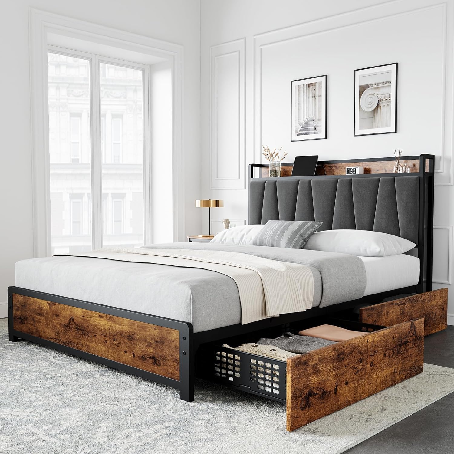 Garvee Full Size Upholstered Bed Frame with 4 Storage Drawers, Storage Bed wtih Headboard, Charging Stastion，Heavy Duty Metal Platform Bed Frame, Noise Free Slats, No Box Spring Needed, Rustic Brown