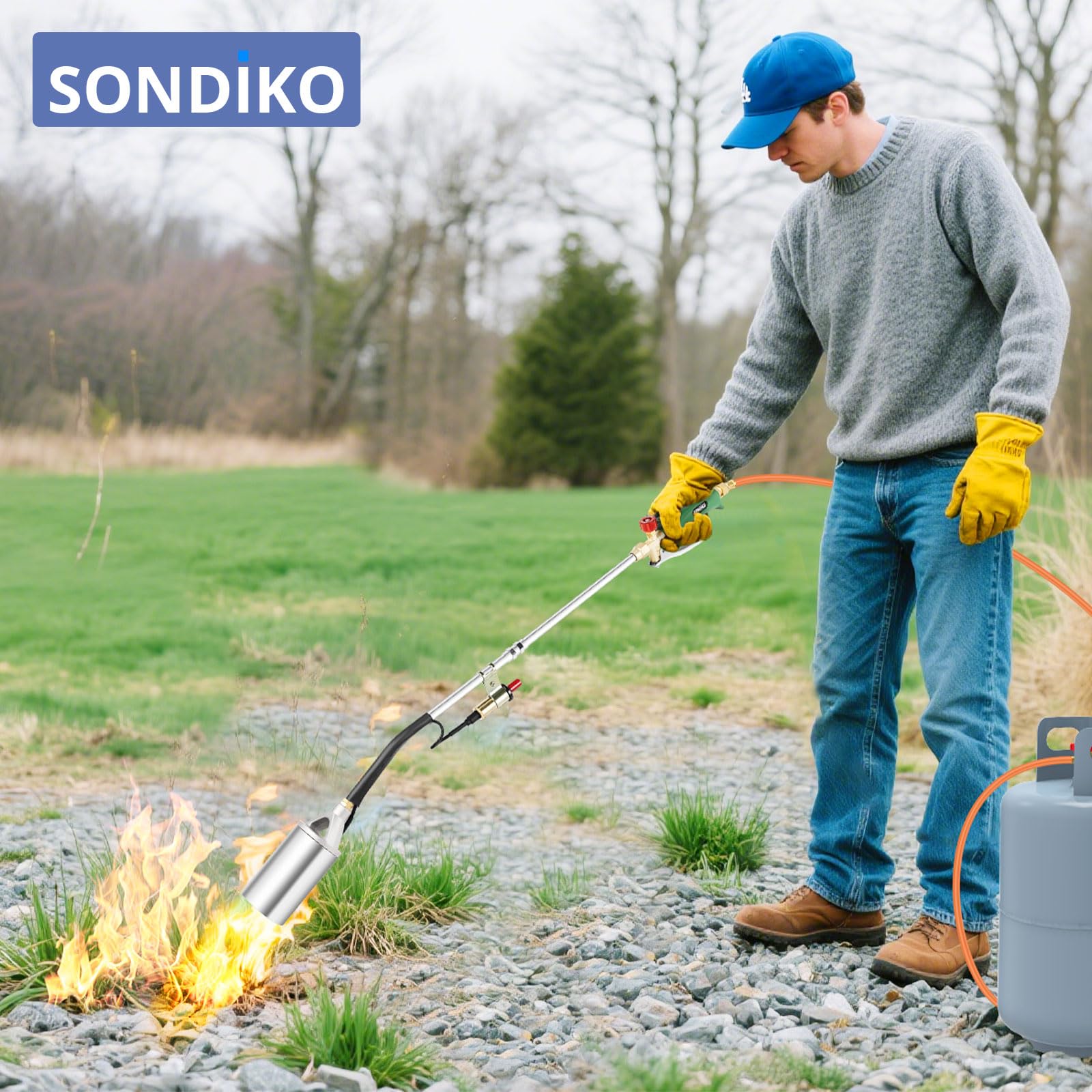 Sondiko Désherbeur de mauvaises herbes à grande flamme - Brûleur à gaz haute performance avec tuyau de 3 m - Réducteur de pression et accessoires - Brûleur de mauvaises herbes pour jardin, allée