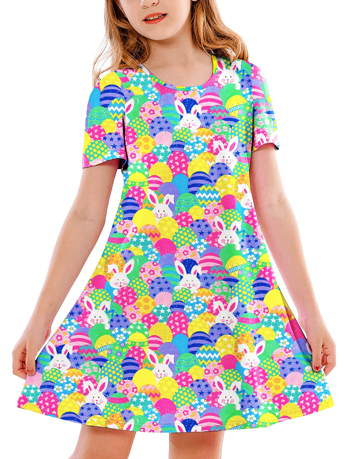 Girl 4th of July Dresses Short Sleeve Summer Hawaiian Tshirt Dress 5-14 Years