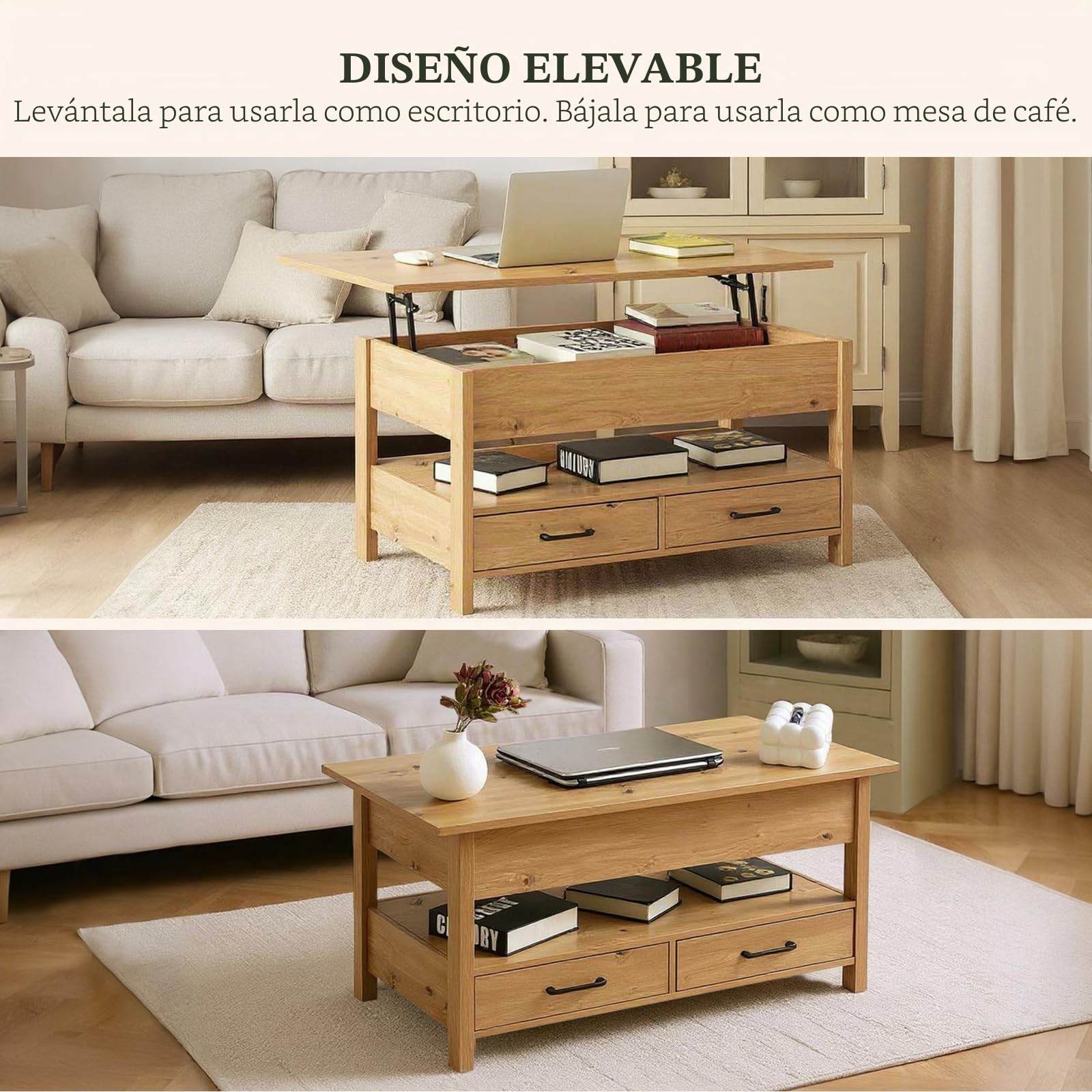 Mesa de Centro Elevable con LED RGB, con Espacio Abierto y Oculto, 2 Cajones, Madera Mesa de Café para Salón, Diseño Industrial, 100 x 50 x (49-63) cm