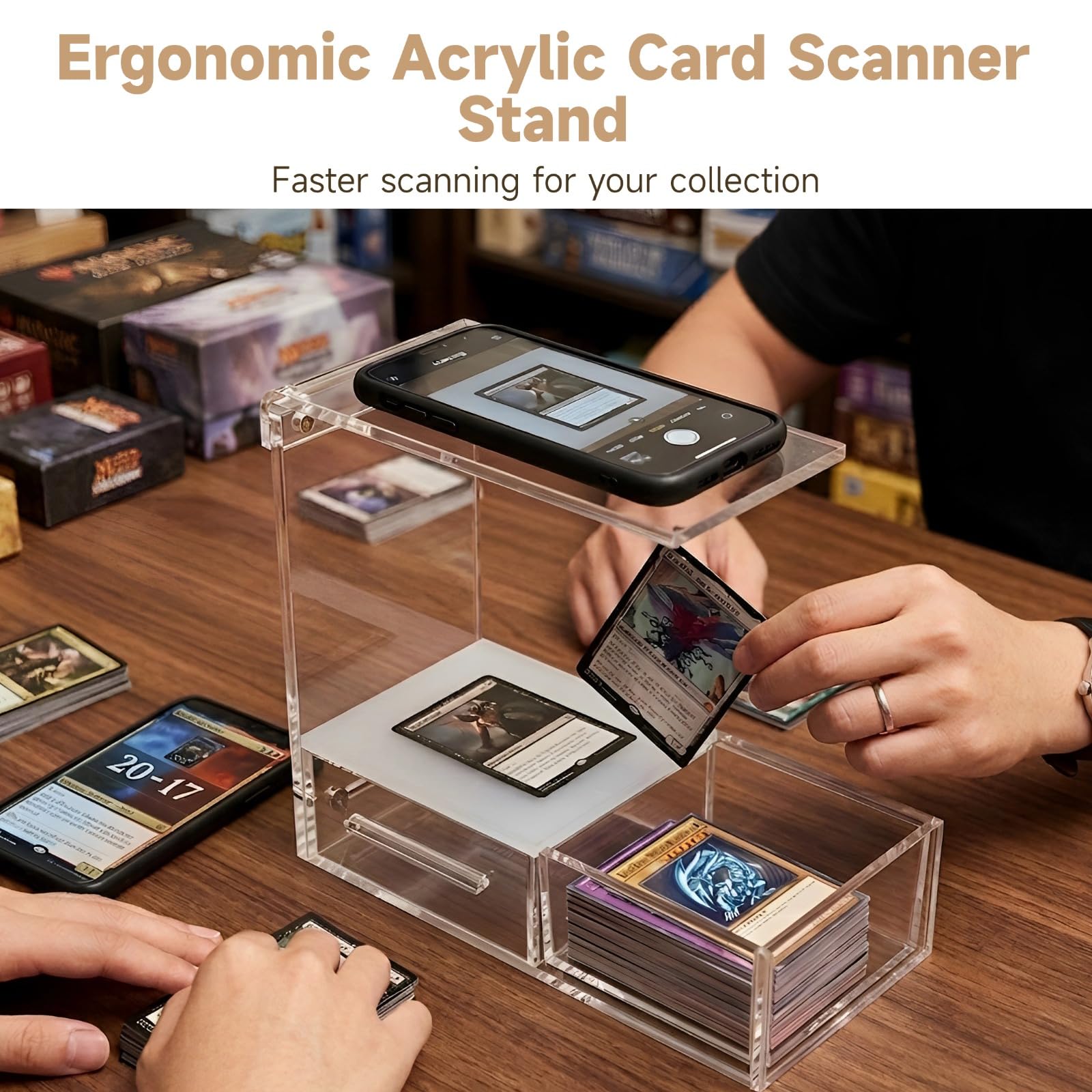 Soporte ergonómico de acrílico para escáner de tarjetas, soporte de exhibición de juegos de cartas para una identificación rápida, diseño transparente, divisor desmontable para tarjetas con funda y