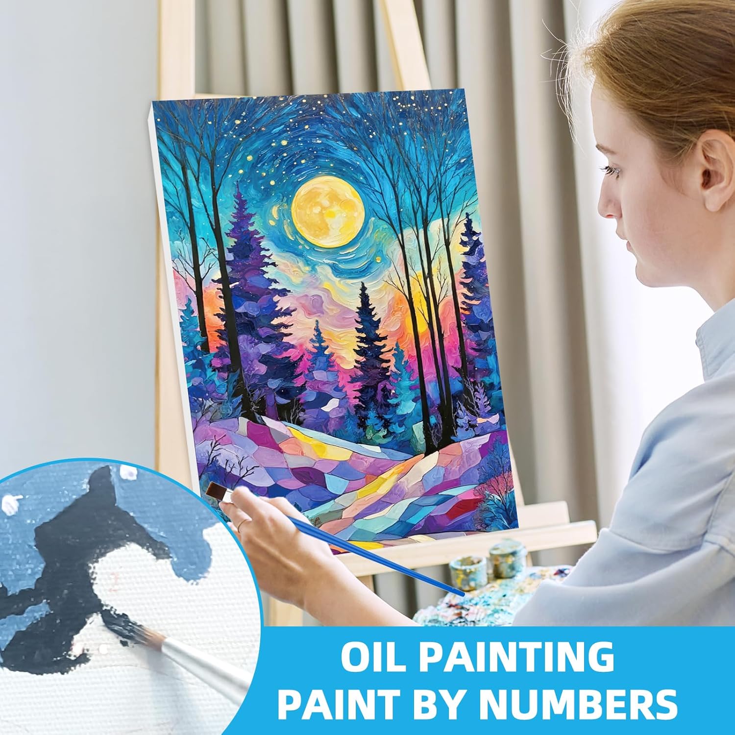 EggSun 6 Pack Framed Paint by Numbers Kit for Adults,Beginners with Wooden Easel,DIY Acrylic Oil Painting Paint by Numbers Kits on Canvas for Home Decor(Moon Mountain Lake Landscape,8x12Inch)