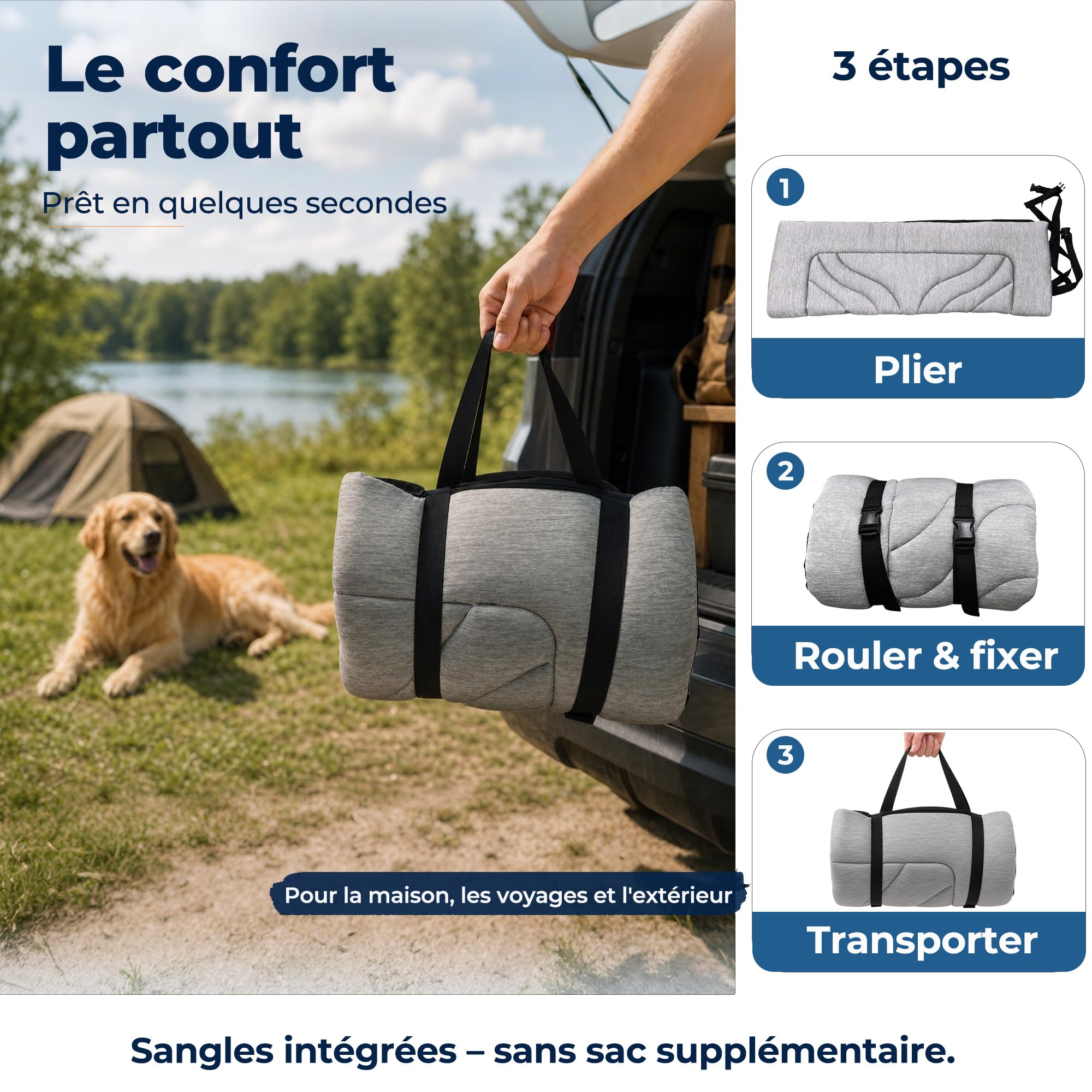 Tapis Rafraîchissant Chien sans Gel, Q-Max ≥ 0,4, 90×65/120×75 cm | Surface PE Q-Max ≥ 0,4, rembourrage env. 3 cm, base antidérapante et lavable pour la maison, la voiture et la cage