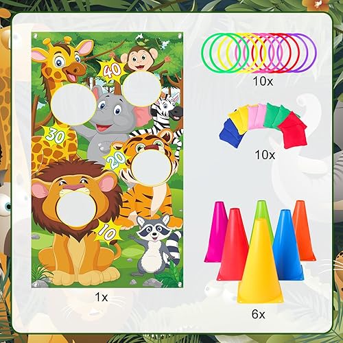 Miniatura 2 de Hooqict Juegos de carnaval 4 en 1 Juego de lanzamiento de anillos para niños, pancarta de animales, puf, fiesta de cumpleaños al aire libre, juego