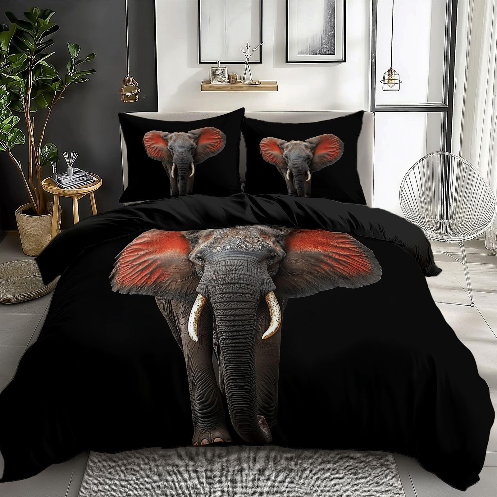 Duvet Cover King Size Black Animal Elephants Reversible 3 Pieces Duvet Cover Set, Bedding Set for All Season, Soft and Breathable Bedding Set with Zipper Closure