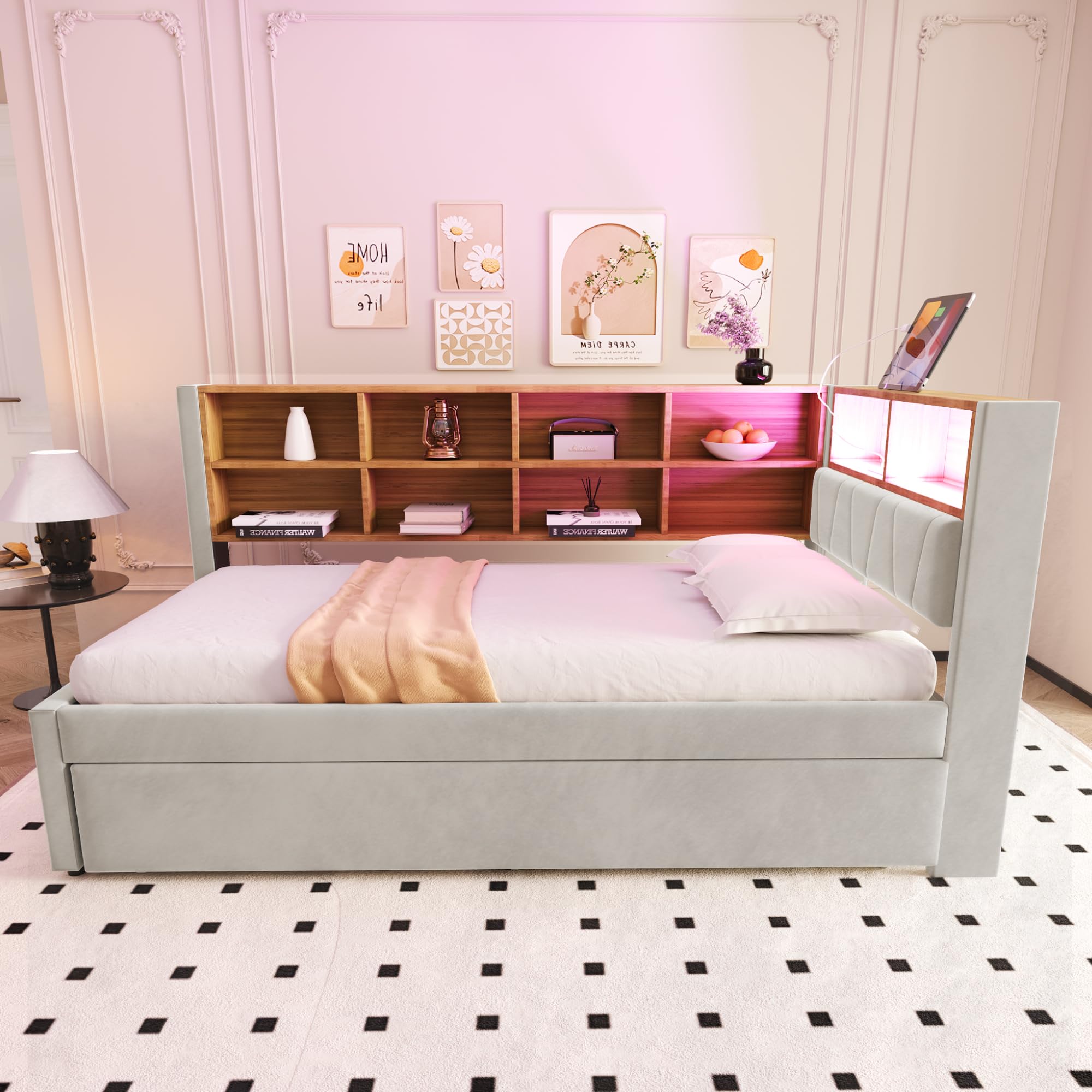 Tagesbett Schlafsofa 90x200 cm, Polsterbett Multifunktionsbett mit Ausziehbarem Bett 90x190 cm&USB-Steckdose&LED Leuchten& Mehreren Ablagefächern, Einzelbett mit Lattenrost, Ohne Matratze, Hellgrau