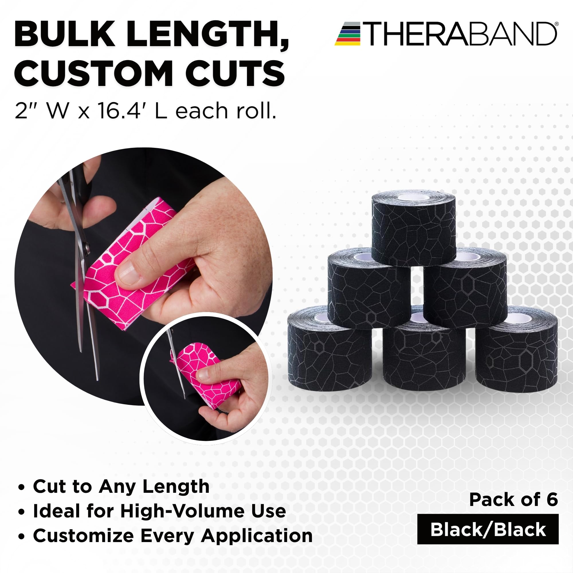 TheraBand Cinta de kinesiología, cinta impermeable para aliviar el dolor, soporte muscular y articular, rollo estándar con indicadores de aplicación XactStretch (rollo de 5 x 41,6 cm), 6 unidades, negro y negro