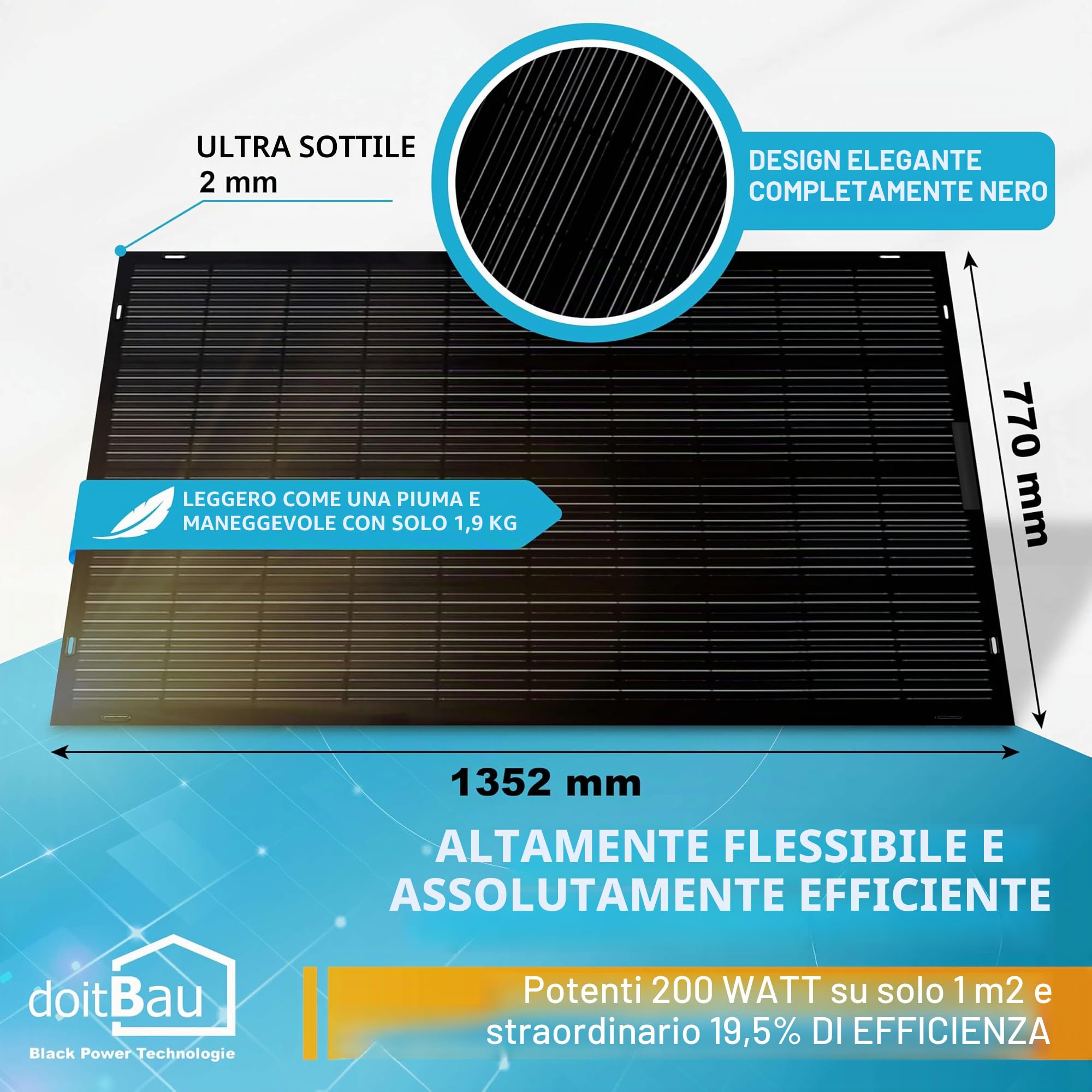 doitBau Modulo solare flessibile 200 W Full Black con scatola posteriore, ultra sottile 2 mm, 1,9 kg, 1352 × 770 mm, per camper, barca, balcone e tetto
