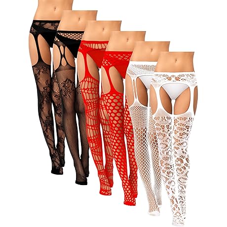 6 Pairs Sexy Fishnet Thigh High Stockings Suspender Stockings Pantyhose Garter Belts