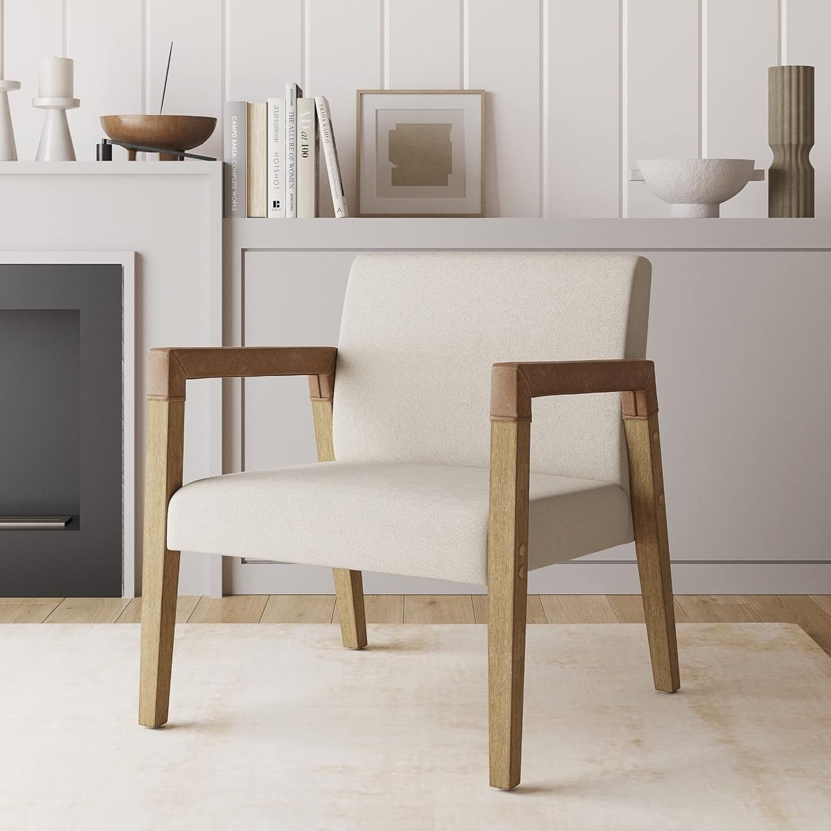 Silla de salón Nathan James Hudson Accent, cómoda silla de dormitorio de lectura, sillón de madera de mediados de siglo, tela tapizada y reposabrazos de cuero