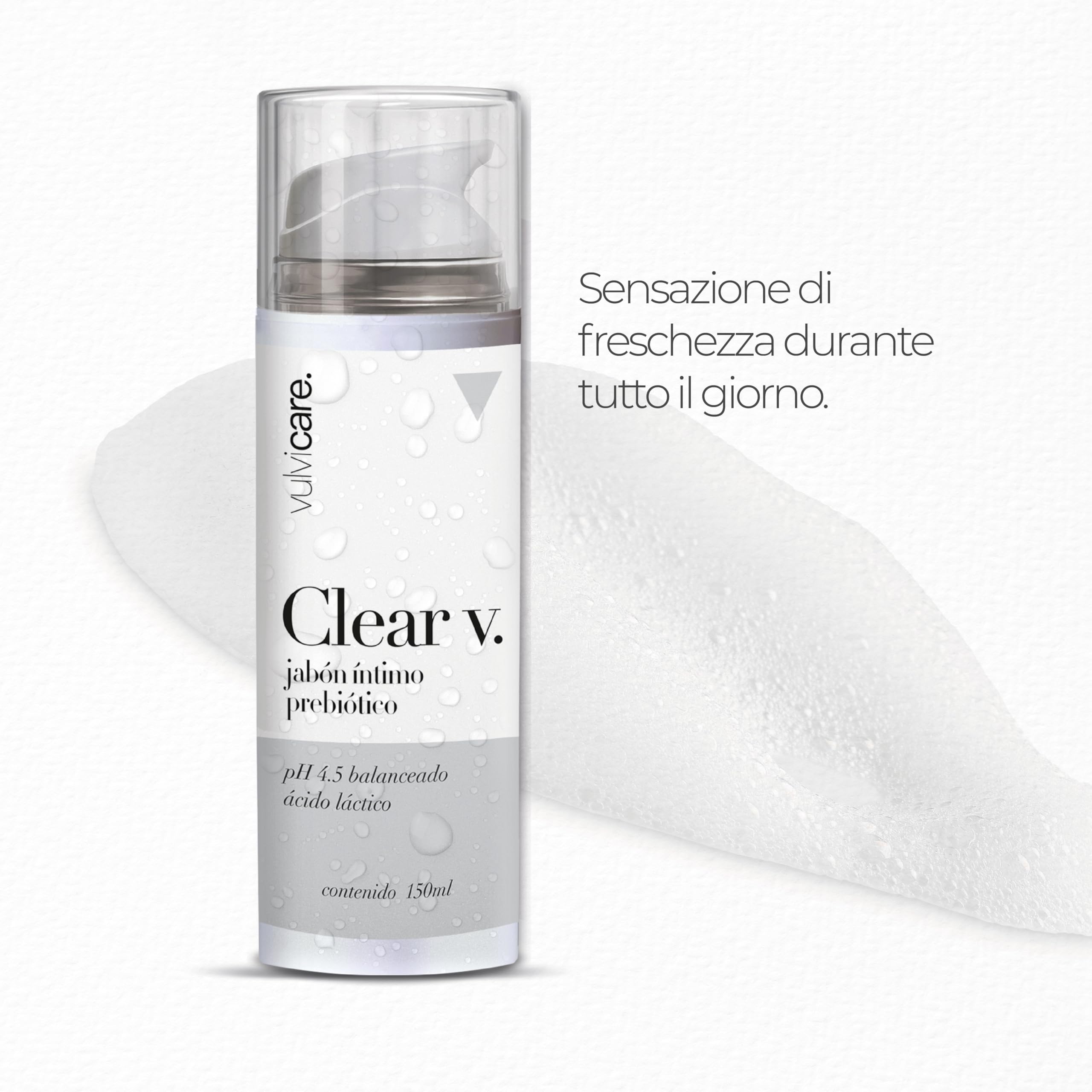 Vulvicare Clear V Sapone intimo prebiotico pH 4,5 bilanciato 150ml - Con acido lattico per un microbiota equilibrato - Igiene e cura vulvovaginale