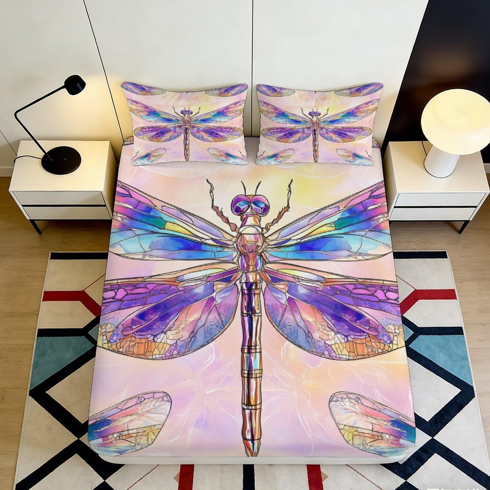 Jqzkxnhpbr Style-7 3D Printed Colorful Dragonfly Fitted Sheet Microfiber Soft Bedroom Decor Artistic Bed Cover For Adults Teens 90X200x25cm