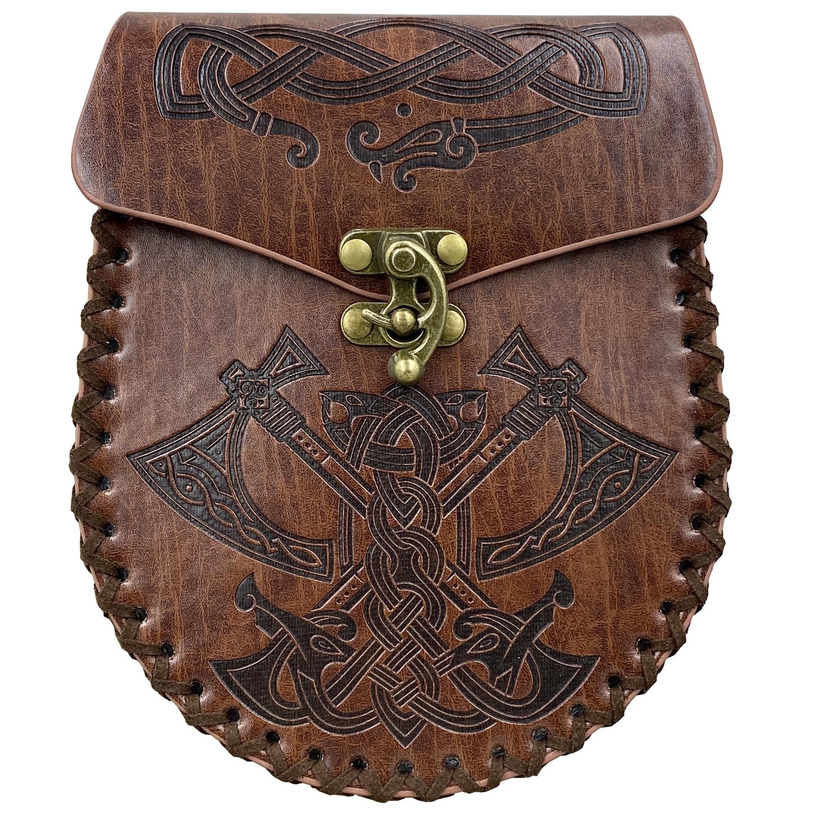 Medieval Belt Pouch, Brown Nordic Embossed Belt Bag Viking Renaissance Fanny Pack Cosplay Costume Accessories for Men Women (The Axe)