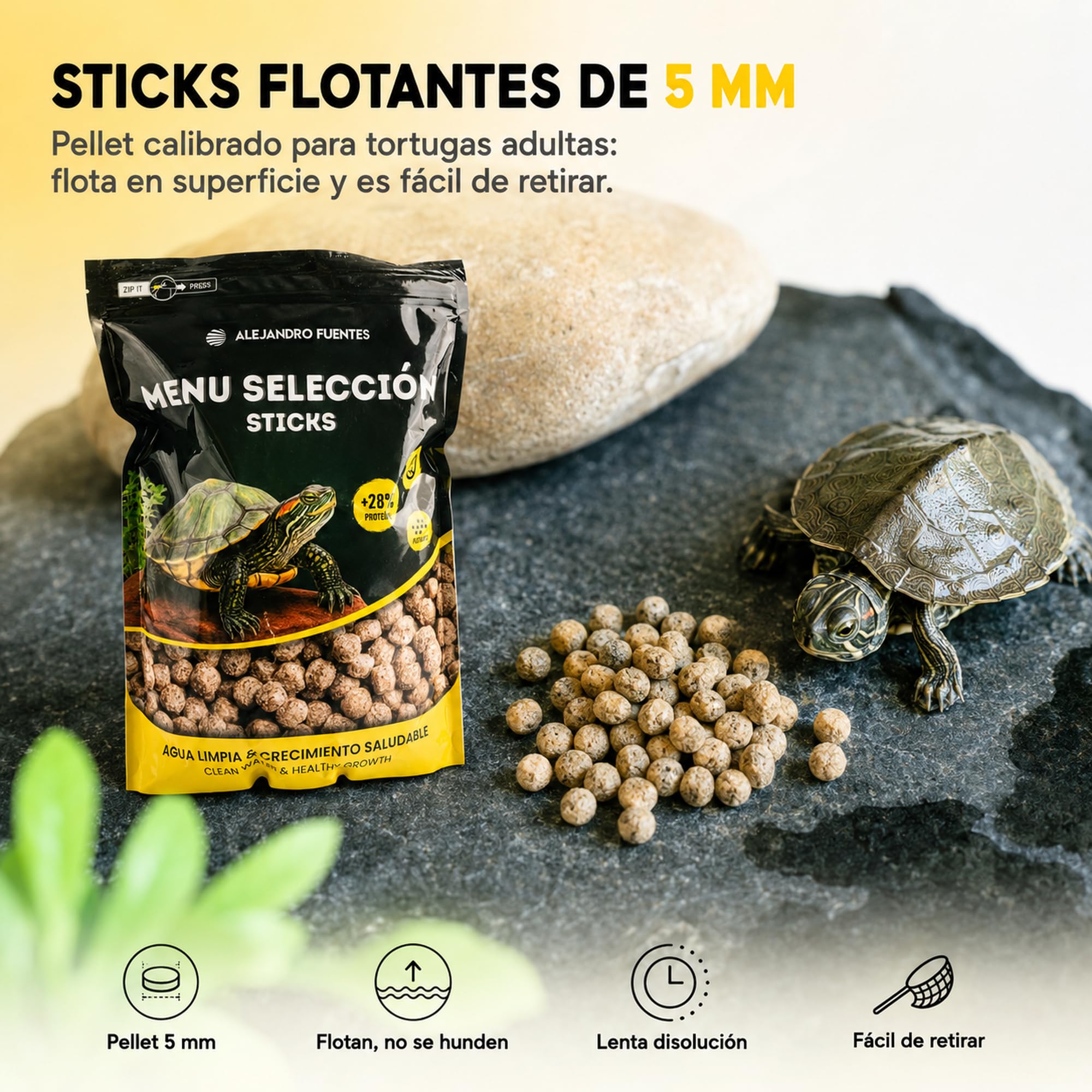 AF® Comida para Tortugas de Agua Adultas 1,5kg/5L Sticks Flotantes 5mm, 28% Proteína para Caparazón Fuerte, Agua Limpia y Sin Olores, Comida Tortuga con Cierre Zip y Cuchara Medidora Incluida