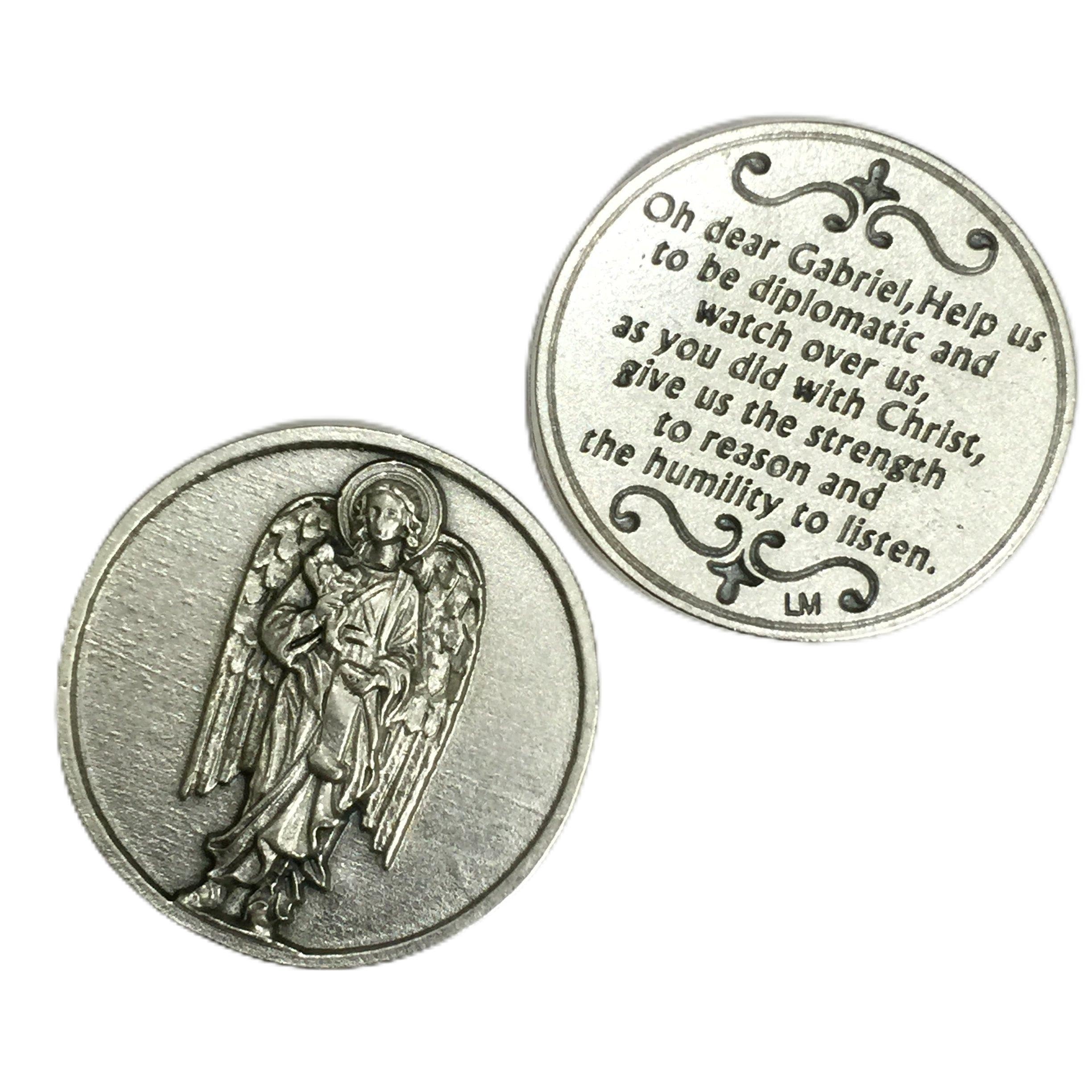 Archangel Saint St Gabriel Pocket Token Coin Protection Protect Catholic Charm with Prayer Medal Religious Pray 1 1/8
