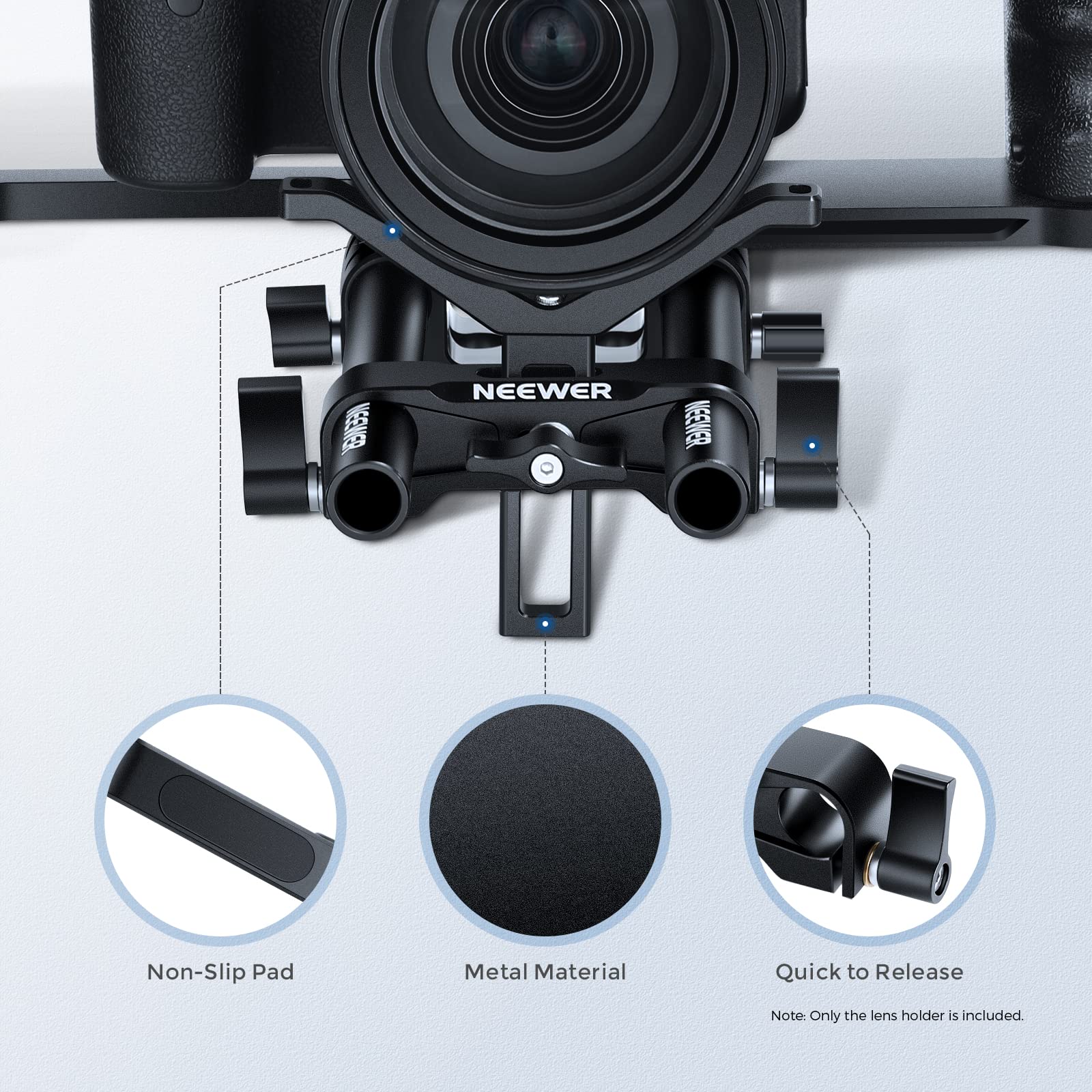 NEEWER Staffa di supporto per obiettivo lungo teleobiettivo, con altezza regolabile di 53 mm, compatibile con TILTA NICEYRIG DSLR Camera Shoulder Rig Follow Focus con aste da 15 mm - LSB53