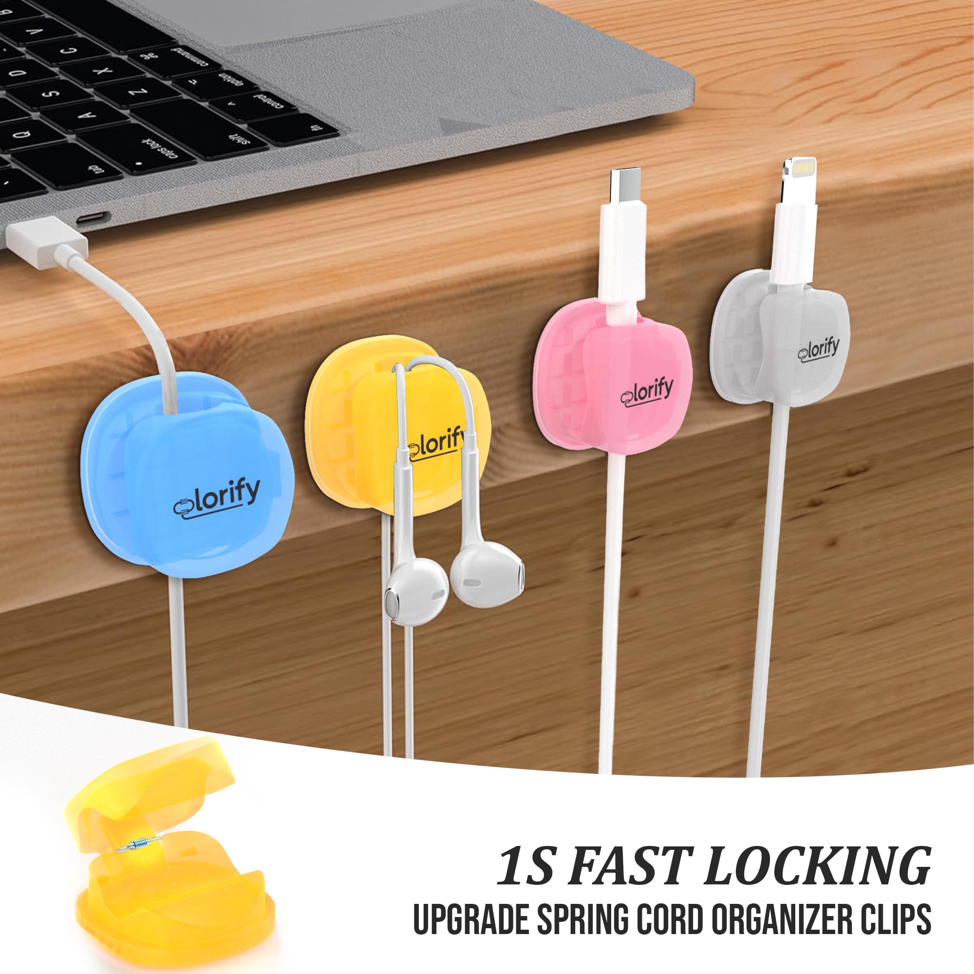 Paquete de 8 clips adhesivos para cables de escritorio, mesita de noche, laptop, clips de carga de teléfono y organizador de cables de coche para el hogar, oficina y gestión de cables de carga