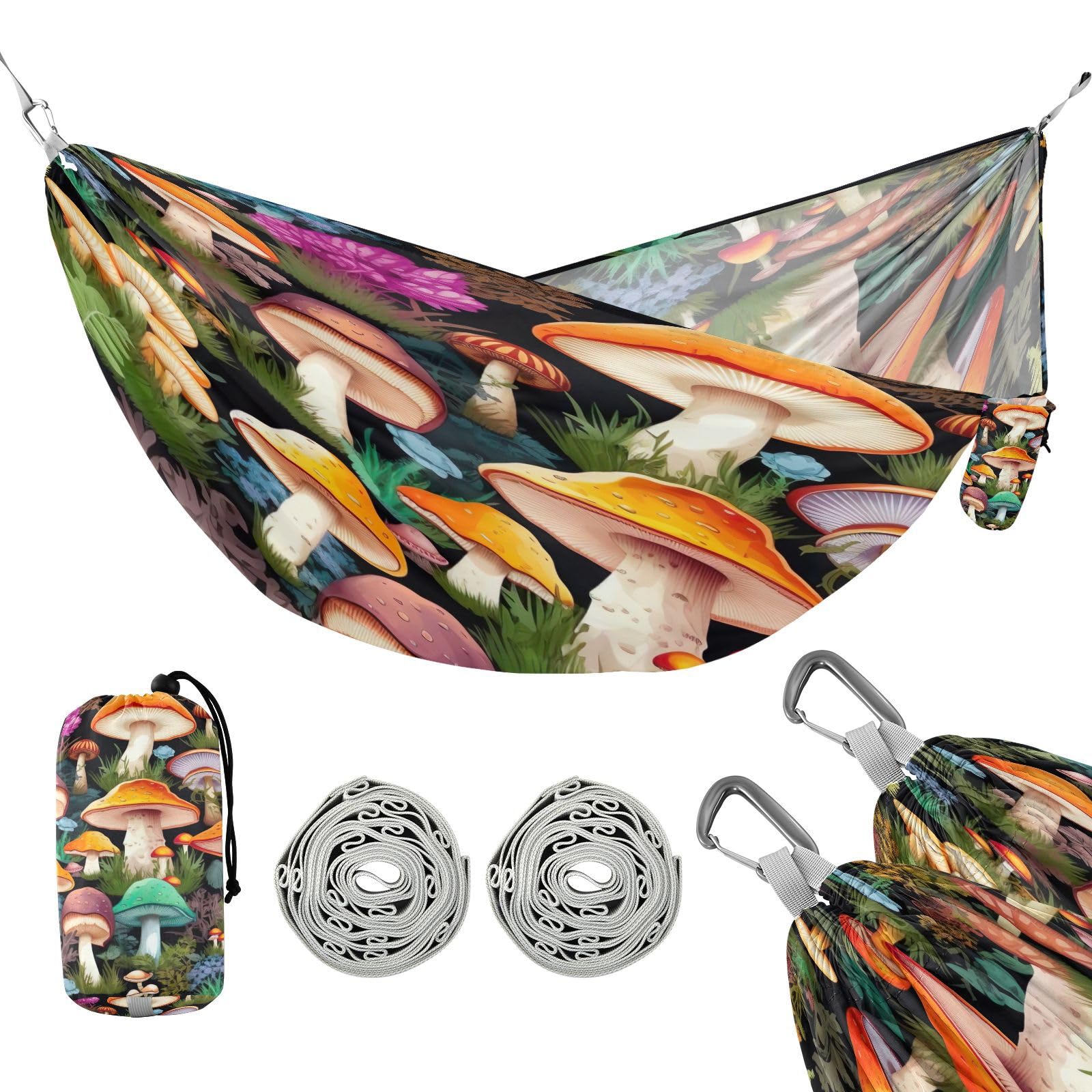 ATTX Watercolors Mushrooms Camping Hammock - Lightweight & Portable Hammocks, Heavy Duty 330lbs Capacity for Indoor, Hiking, Backpacking, Travel, Backyard, Beach#317