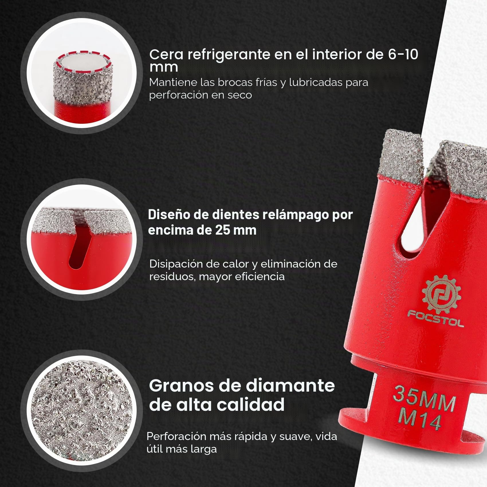 FOCSTOL Juego de Brocas Diamante - 13 piezas (6/6/8/20/25/35/50/68/110mm+20mm Fresa+50mm Broca Chaflán Biselado+Adaptador+125mm Disco) Corona Diamante Porcelanico para Cerámica Mármol Granito