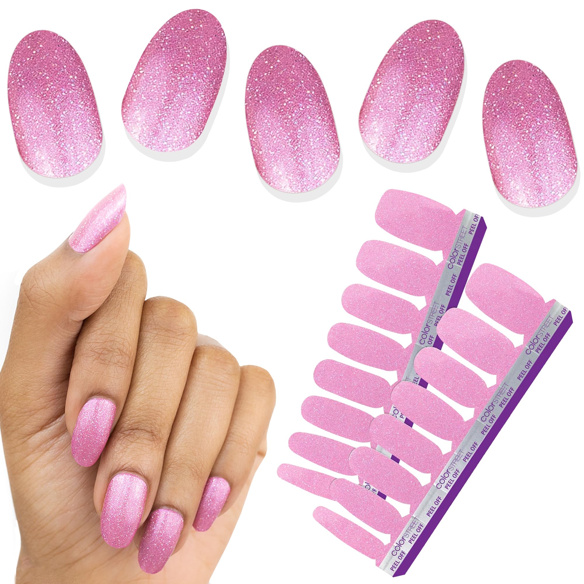 Color Street - Czech Me Out - 16 Double-Ended Nail Polish Strips | Has Bubblegum Pink Color, Holographic Glitter Finish, Easy Peel-and-Apply Design,