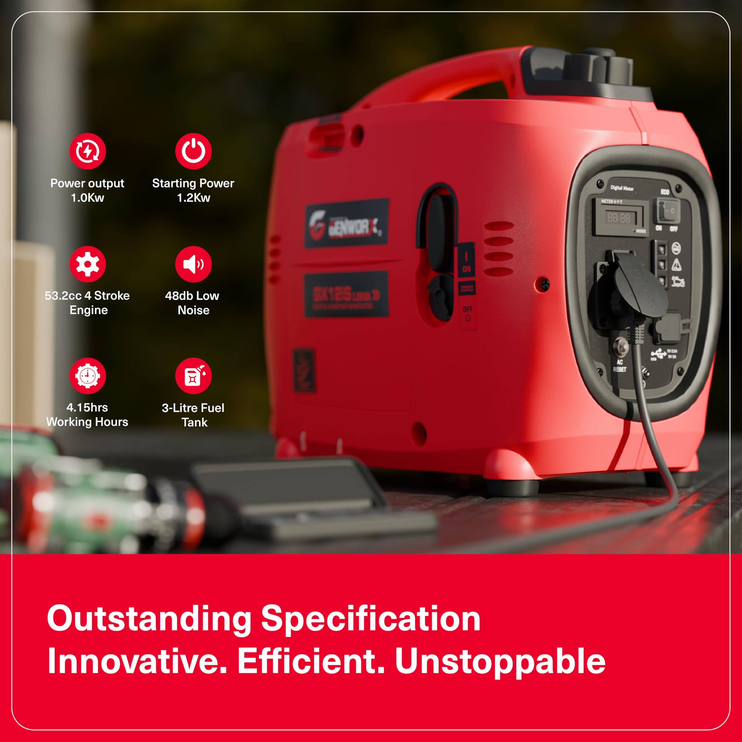 JPT Proseires Genworx 1000W/1.0KW Small and compact Manual Start Inverter Petrol Generator Lightweight, With Advanced Frequency Control, Ideal for Camping, Outdoor Events & Home Backup Power - Image 3 thumbnail