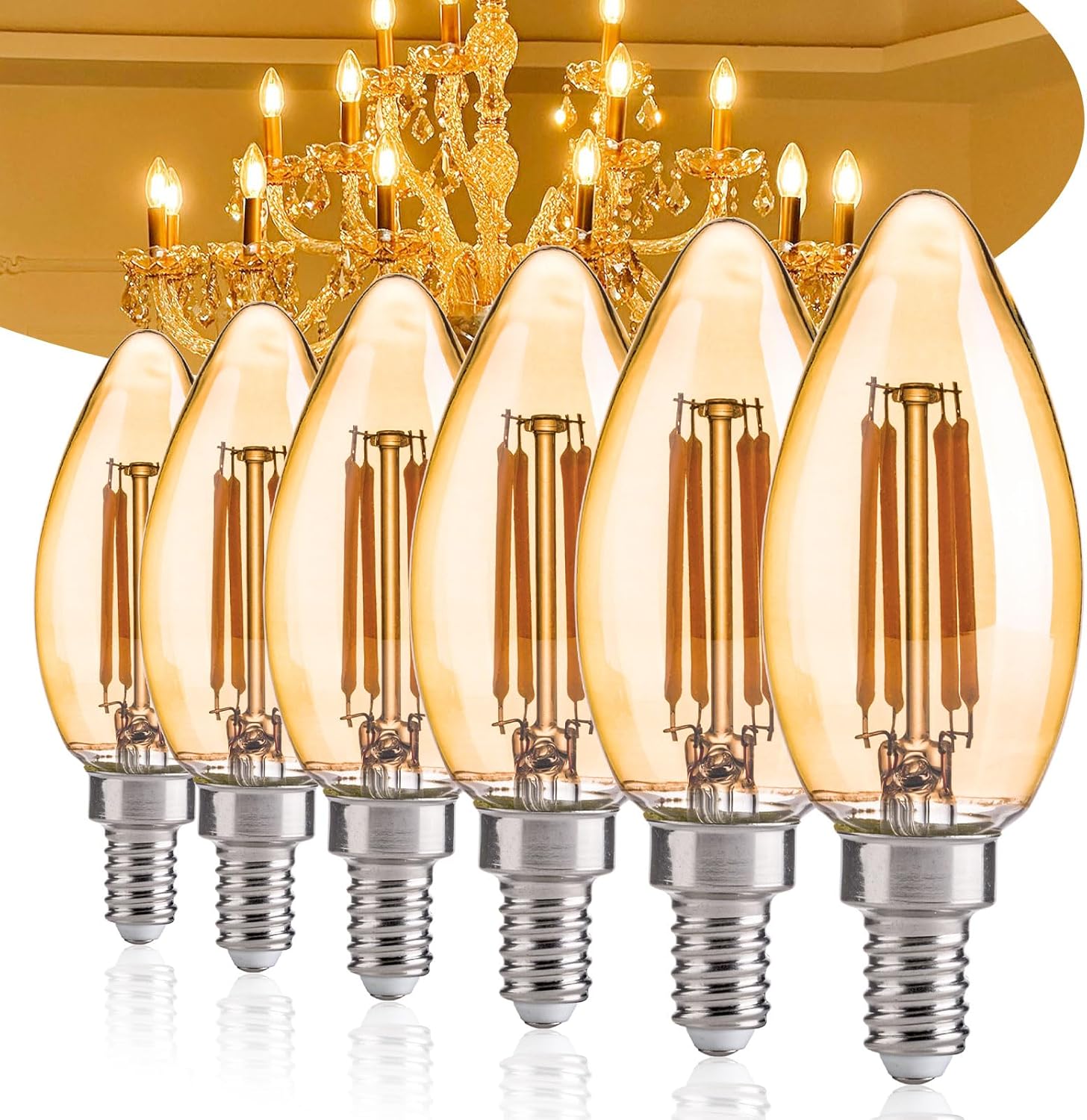 B11 Candelabra Light Bulbs Amber Glass, 2700K Warm White Light,Dimmable E12 Base Candle LED Bulbs 5.5W(60 Watt Equivalent) 650LM Chandelier Filament Light Bulbs,6 Pack,Amber