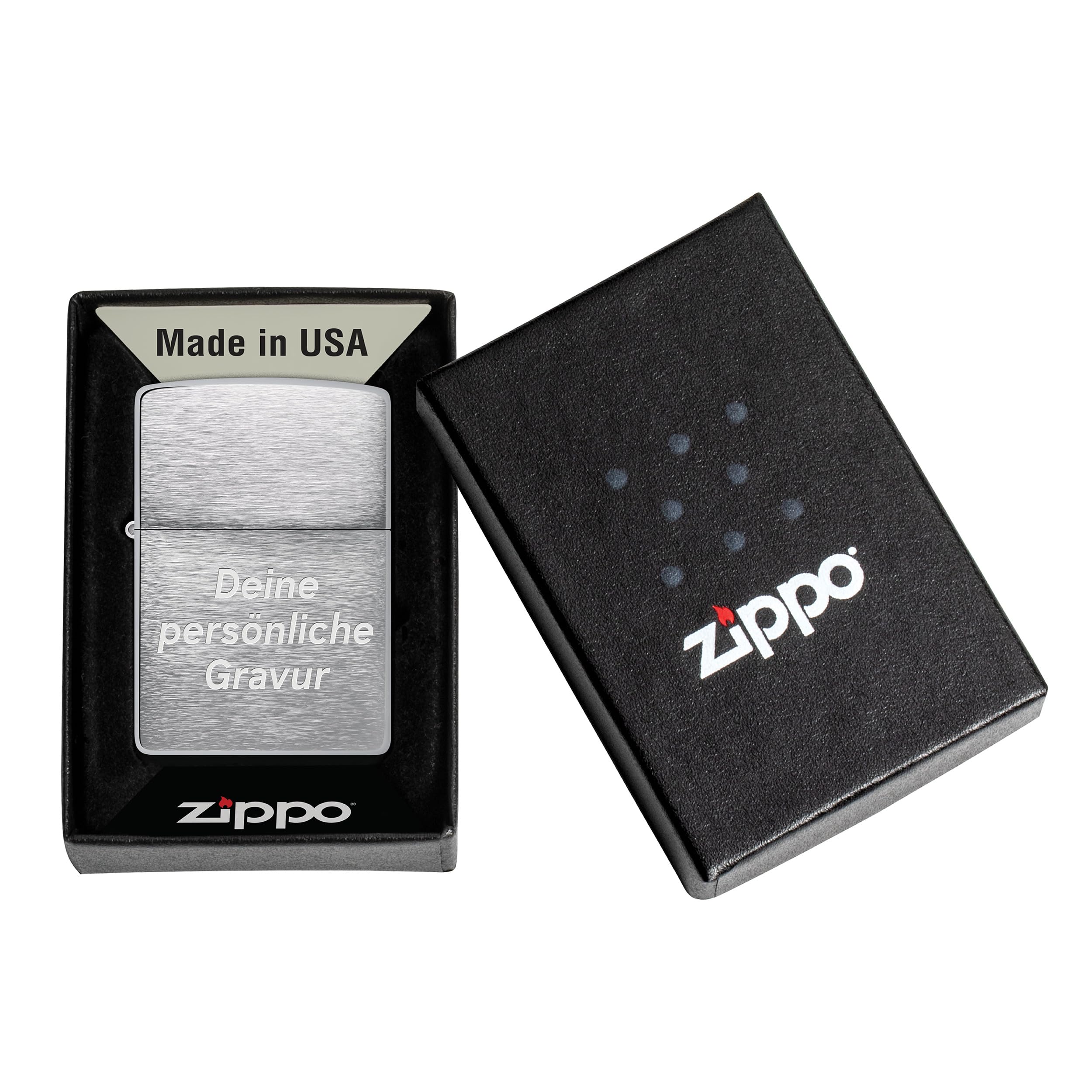 Zippo Sturmfeuerzeug mit Gravur – Brushed Chrome – Personalisiert mit Wunschtext – Nachfüllbar - Wiederverwendbar – Windfest