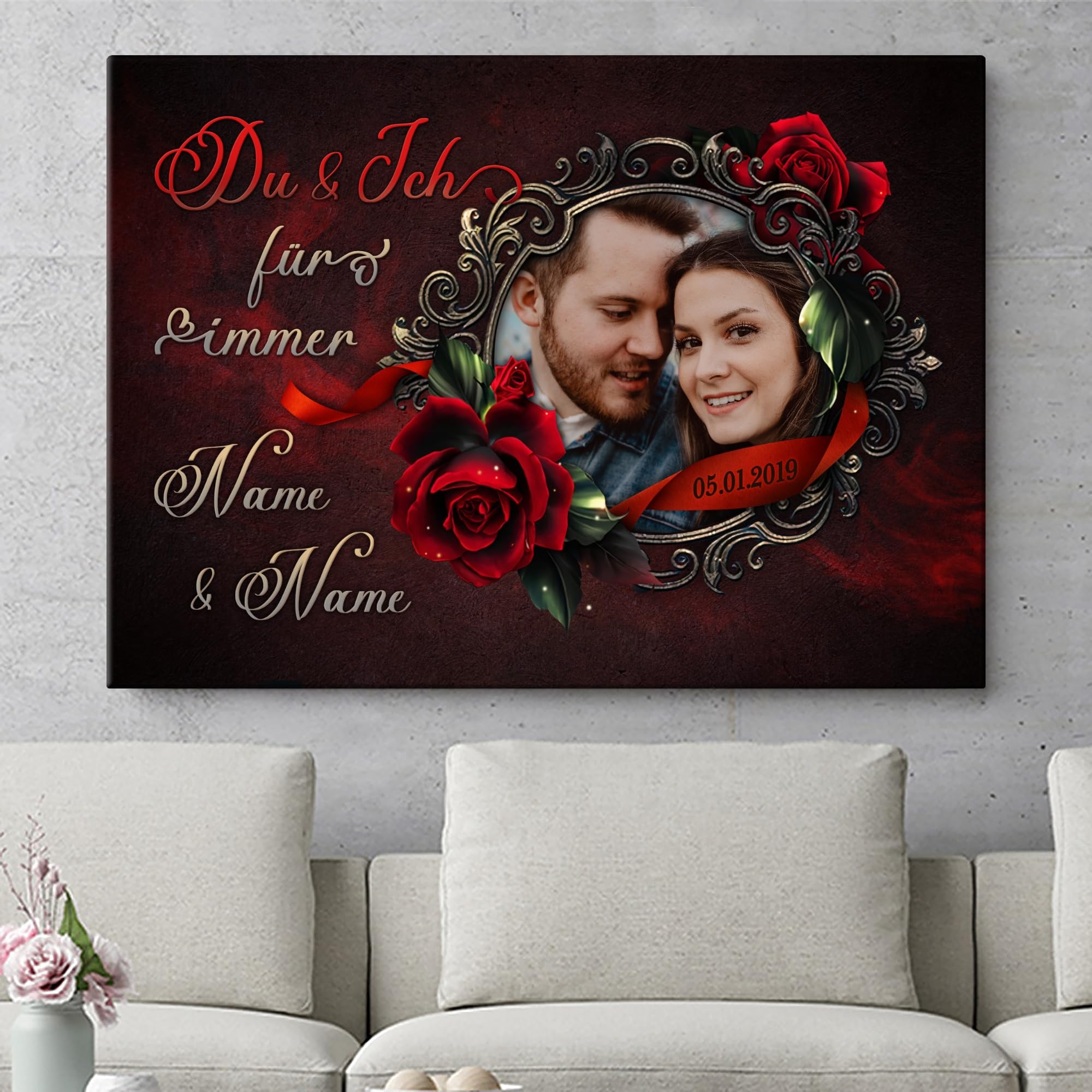 Liebesleinwand Das sind wir Leinwand | Leinwandbild mit Foto, Namen und Datum | Wandbild gestalten | Jahrestag Geschenk für Frau Freundin Mann Freund | Rose